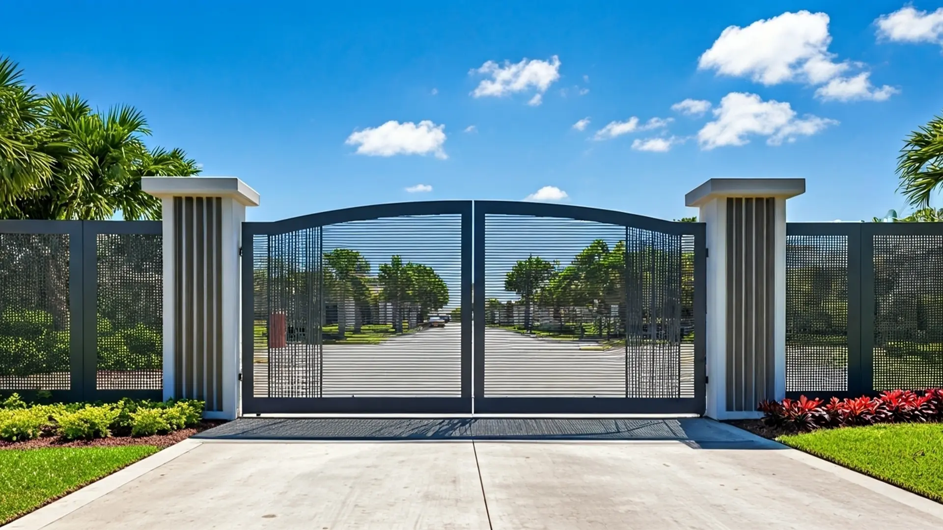 A contemporary metal driveway gate with an arched top and vertical slat design stands between two light-colored square columns. The gate allows partial visibility of the landscaped street and homes beyond. Surrounding the entrance are manicured lawns, tropical plants, and palm trees under a bright blue sky with scattered clouds.