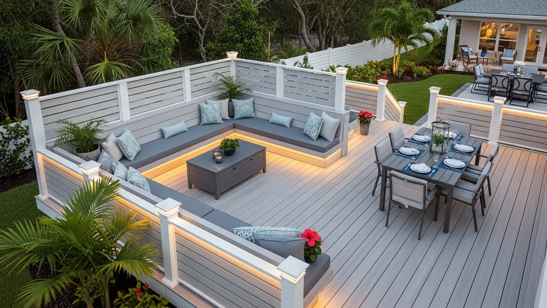 A modern outdoor deck attached to a house is shown at dusk, illuminated with soft white and blue LED lighting. The space features an L-shaped built-in bench with white paneling and wooden seat tops, highlighted by under-bench lights. A white slatted privacy fence with brushed metal posts surrounds the deck, glowing with blue accent lights along the upper rail. Palm trees and neighboring homes are visible in the background. The deck surface is made of wide gray composite planks, and a small railing and gate sit on the right side near the house. The atmosphere is clean, contemporary, and coastal.