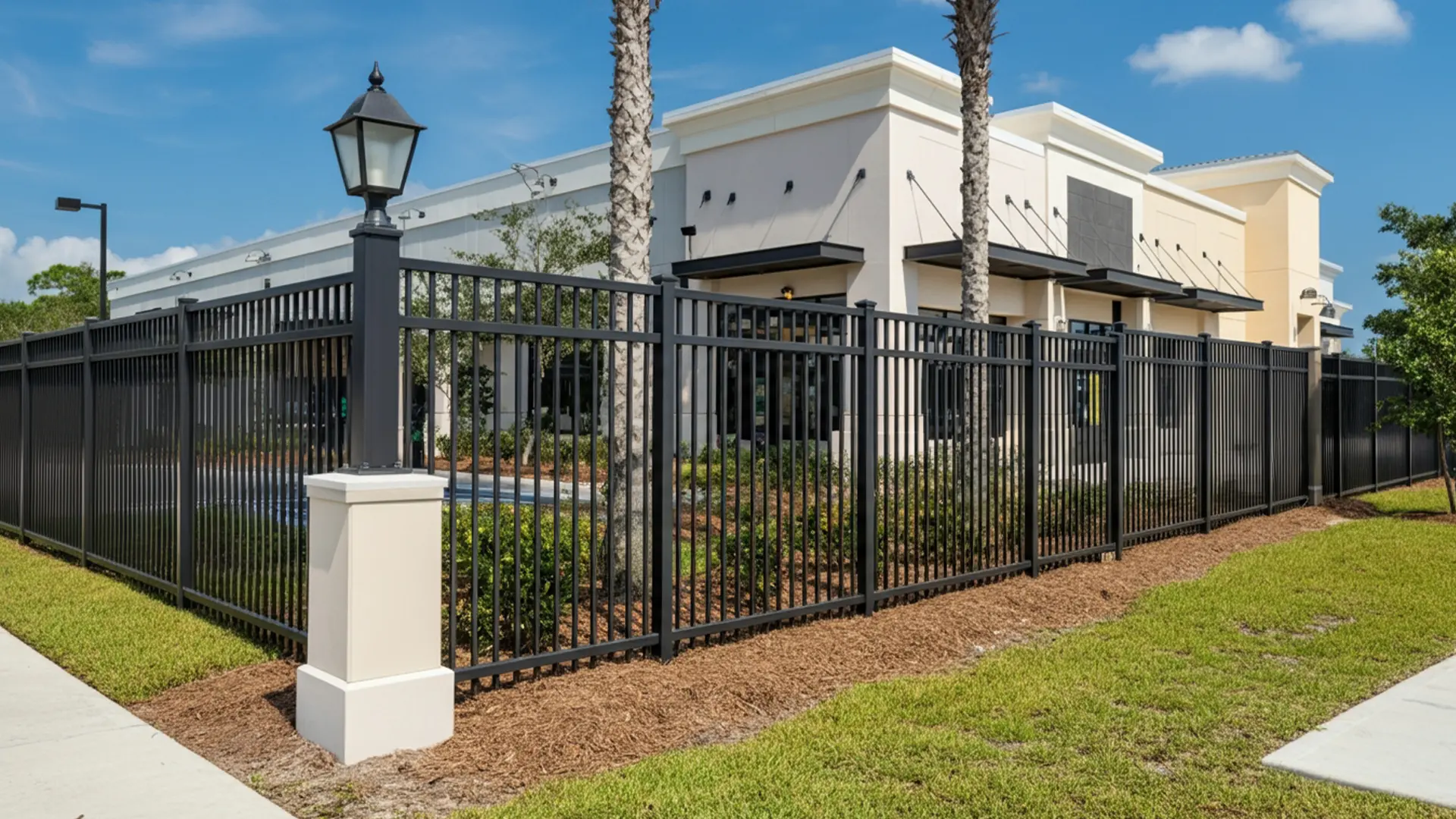 A sleek black iron fence encloses a modern commercial property, featuring vertical pickets and decorative concrete pillars topped with classic lantern-style lights. The design combines security with refined aesthetics, complemented by manicured landscaping and palm trees for a professional, upscale appearance.
