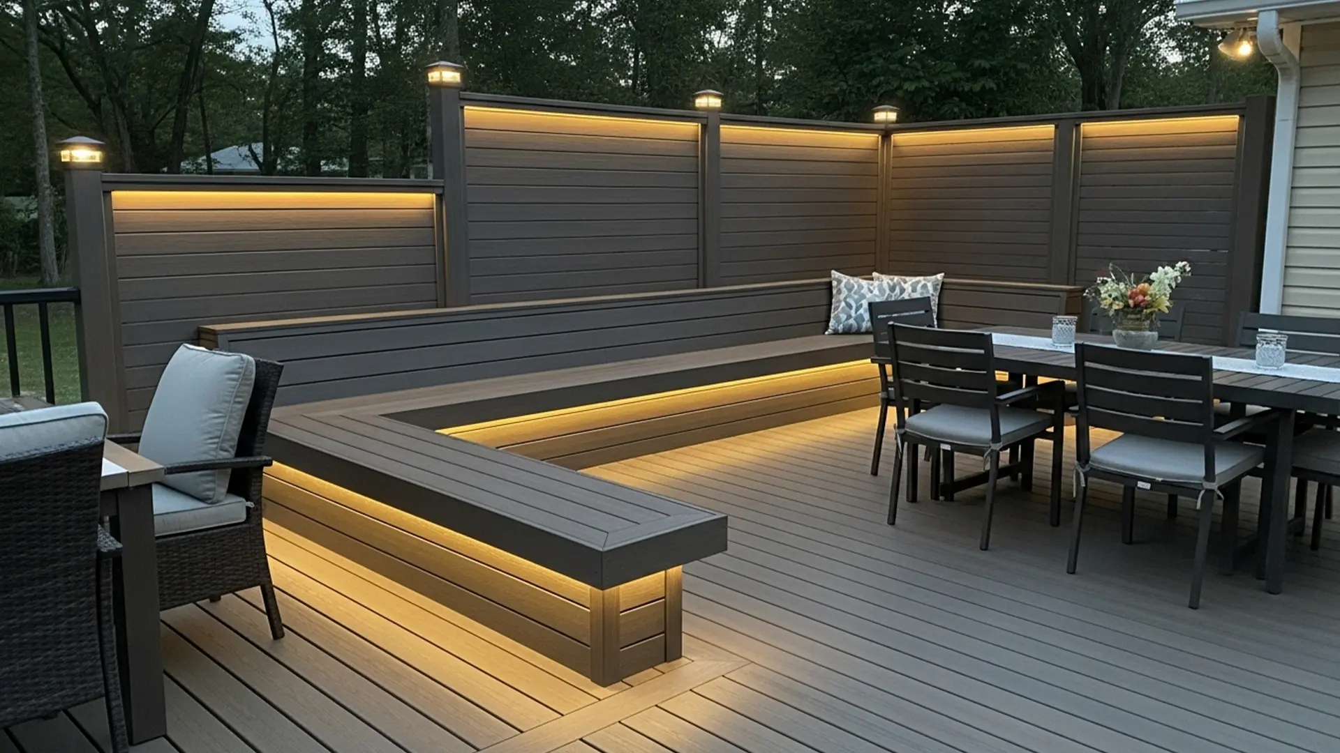 A beautifully designed deck featuring integrated bench seating, ambient LED lighting, and sleek privacy panels. The warm glow enhances the cozy, contemporary atmosphere—perfect for evening dinners or quiet outdoor lounging in style.
