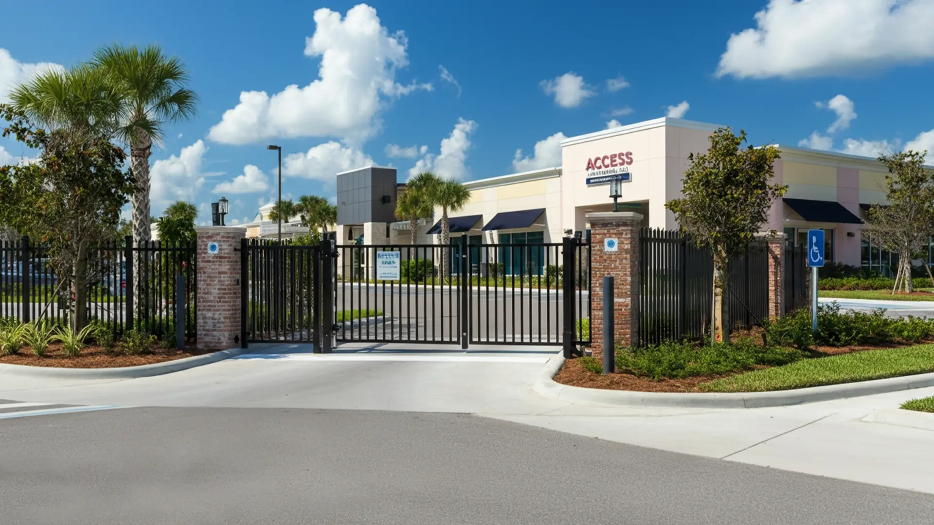 A sleek black aluminum driveway gate framed by brick columns with mounted lanterns, enhancing both security and curb appeal. The design blends industrial strength with classic elegance, ideal for commercial entrances and gated communities.