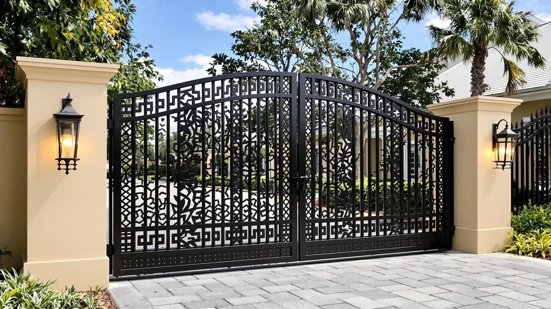 A tall black wrought iron driveway gate with an arched top features detailed geometric and floral cutout patterns. The gate is framed by cream-colored stucco columns topped with classic lantern-style wall lights. Lush landscaping with palm trees and shrubs surrounds the entrance, leading to a paved driveway and residential property.
