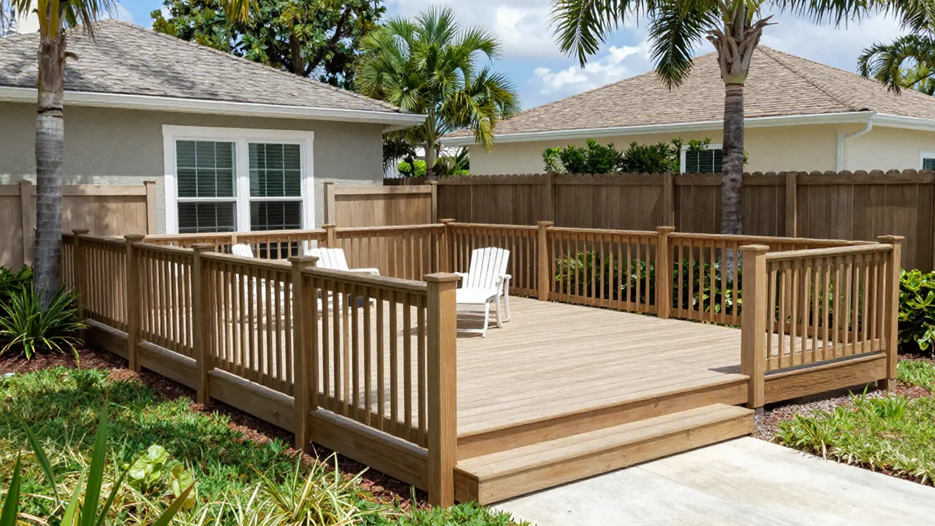 A raised wooden backyard deck features wood posts with black mesh panel railings and a short set of steps leading down to a concrete walkway. Patio furniture, including a table with chairs and cushioned lounge seating, is arranged on the deck surface. The deck sits beside a light-colored home with large windows and is enclosed by a wooden privacy fence. Landscaping includes mulch beds, small green plants, and a lawn under a partly cloudy daytime sky.