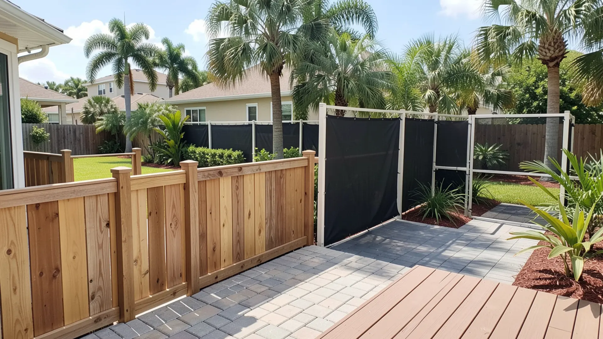 A residential backyard features a wooden privacy fence with vertical boards and square posts along a paved patio walkway. Adjacent to the wood fence is a light-colored metal-framed gate system with dark mesh privacy panels that enclose part of the yard. The patio includes gray pavers and a small section of composite decking in the foreground. Palm trees, trimmed shrubs, and neighboring homes are visible beyond the fence under a bright blue sky.