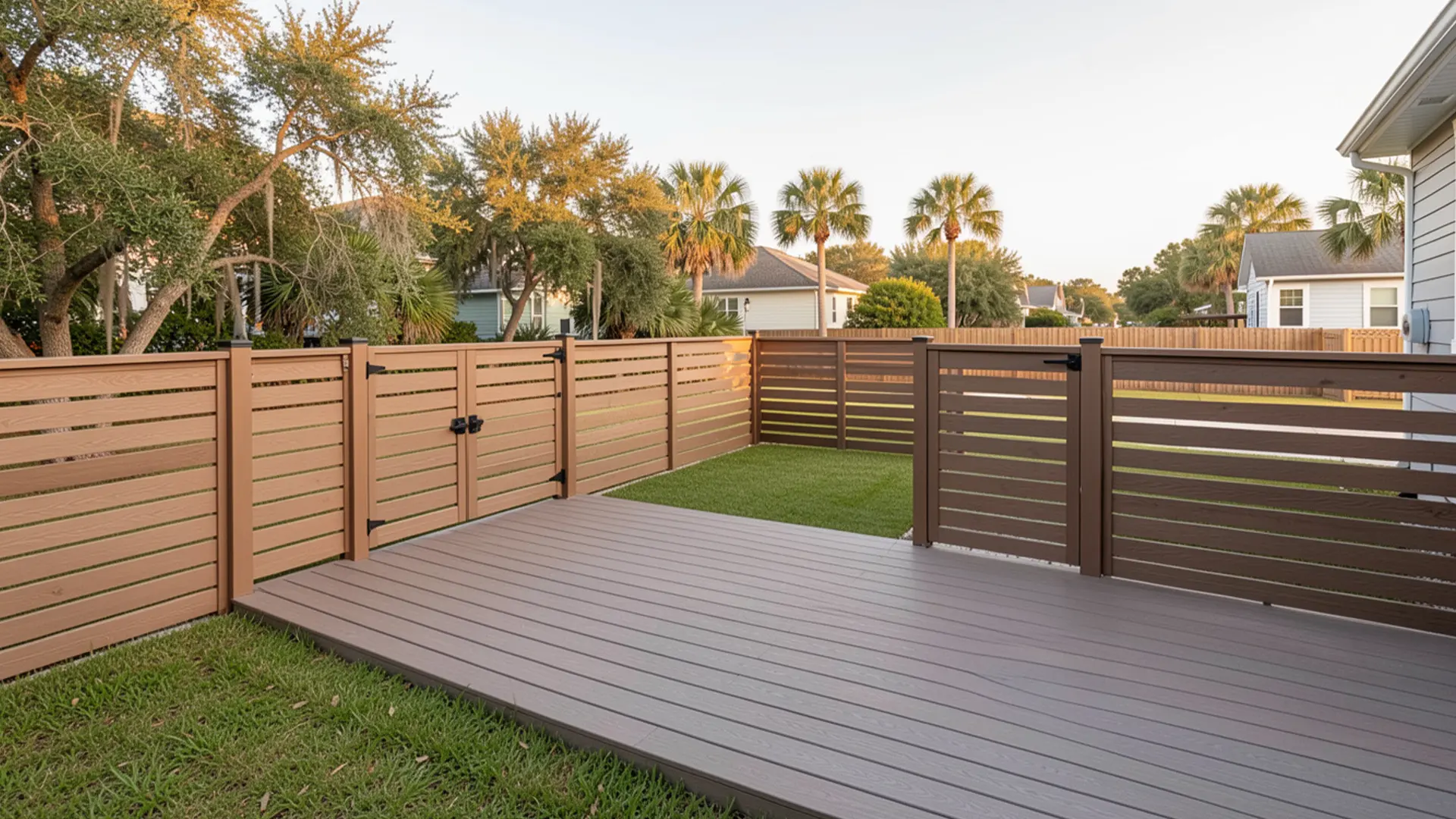 A residential backyard features a raised composite deck enclosed by horizontal privacy fencing in two complementary wood tones. A double gate with black hardware is centered along one fence section, opening to a grassy yard. Additional fence panels continue around the perimeter, creating a defined outdoor space. Neighboring homes and palm trees are visible beyond the fence under soft, late-day light.