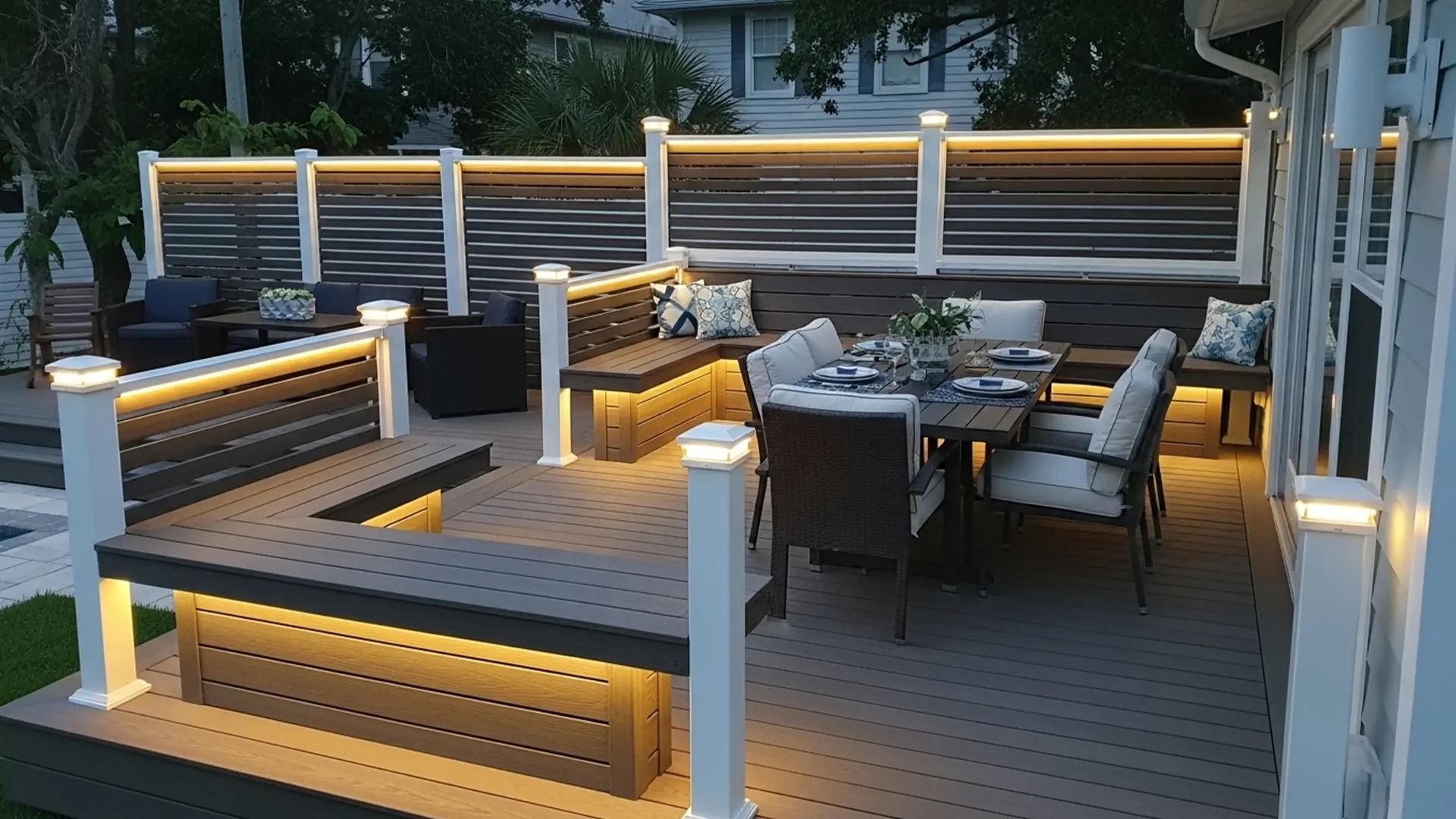 A spacious two-level backyard deck is shown at dusk, featuring warm built-in LED lighting under benches, steps, and railings. White posts with illuminated caps frame the deck, which includes multiple seating areas. On the upper level, a cushioned dining set is arranged around a rectangular table set with plates and napkins. Built-in corner benches with patterned pillows run along the privacy fence made of horizontal slats. On the lower level, additional seating includes cushioned lounge chairs around a small table. Soft landscape lighting and surrounding trees create a cozy, inviting outdoor atmosphere.