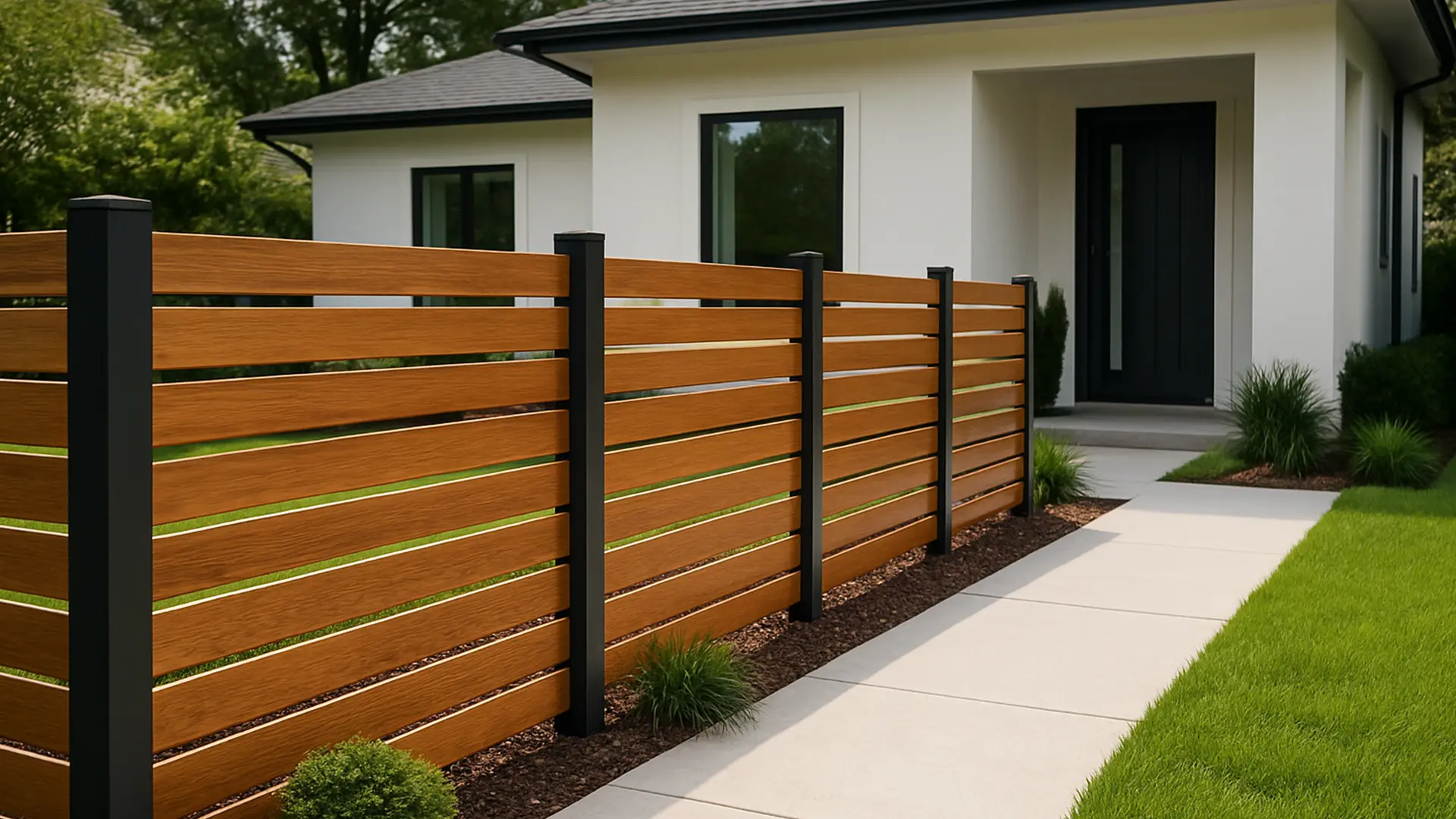 A clean, contemporary horizontal fence design featuring warm cedar-tone composite boards framed by sleek black steel posts. The minimalist structure enhances the home’s modern architecture while maintaining privacy and curb appeal with low-maintenance materials and refined landscaping.