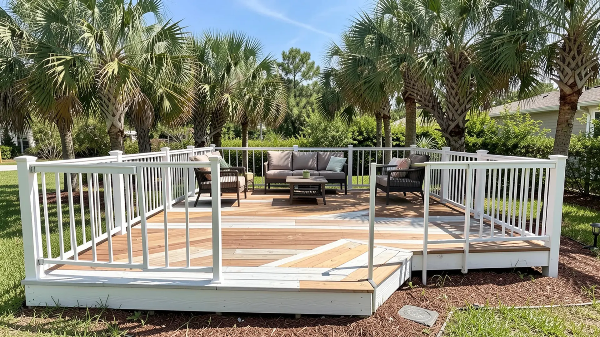 A raised wooden deck with vertical spindle railings sits in a residential backyard. Two white outdoor chairs are placed on the deck surface. A short set of steps leads down to a concrete walkway and green lawn. A tall wooden privacy fence encloses the yard, with palm trees and neighboring homes visible beyond it under a bright daytime sky.