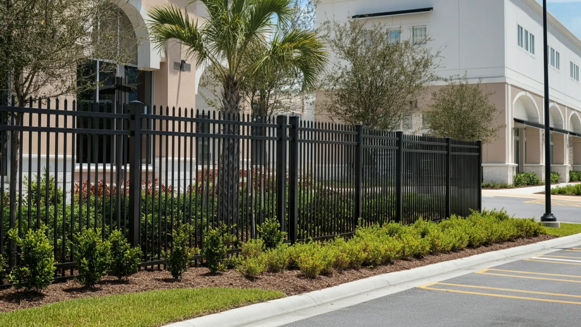 A modern black aluminum fence surrounds a commercial property with neatly trimmed landscaping. The vertical picket design offers durability and visibility, while palm trees and shrubs add a polished, professional aesthetic to the exterior.