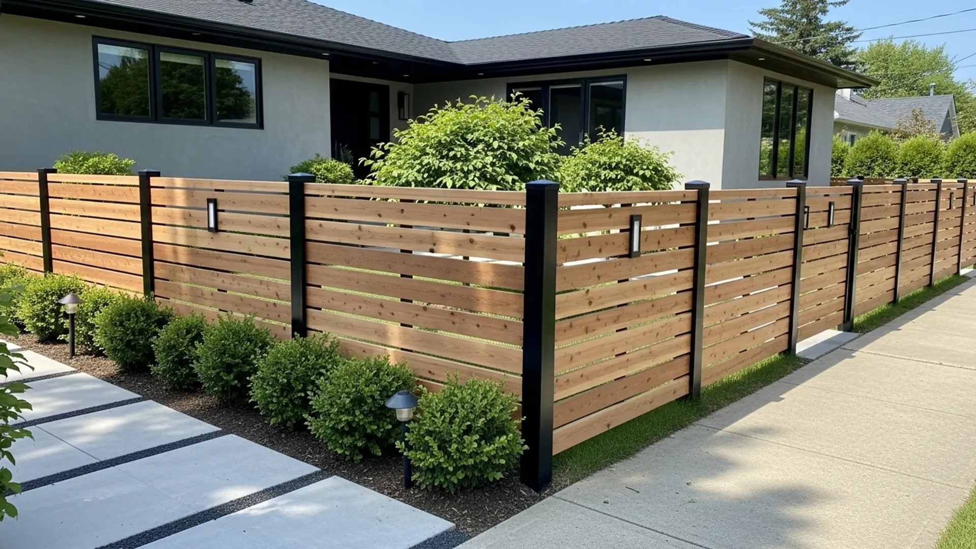 A contemporary cedar horizontal fence framed with matte black steel posts enhances this home’s curb appeal. Integrated lighting fixtures and neatly trimmed hedges add balance and warmth, creating a modern yet inviting perimeter that complements the clean architectural lines of the property.