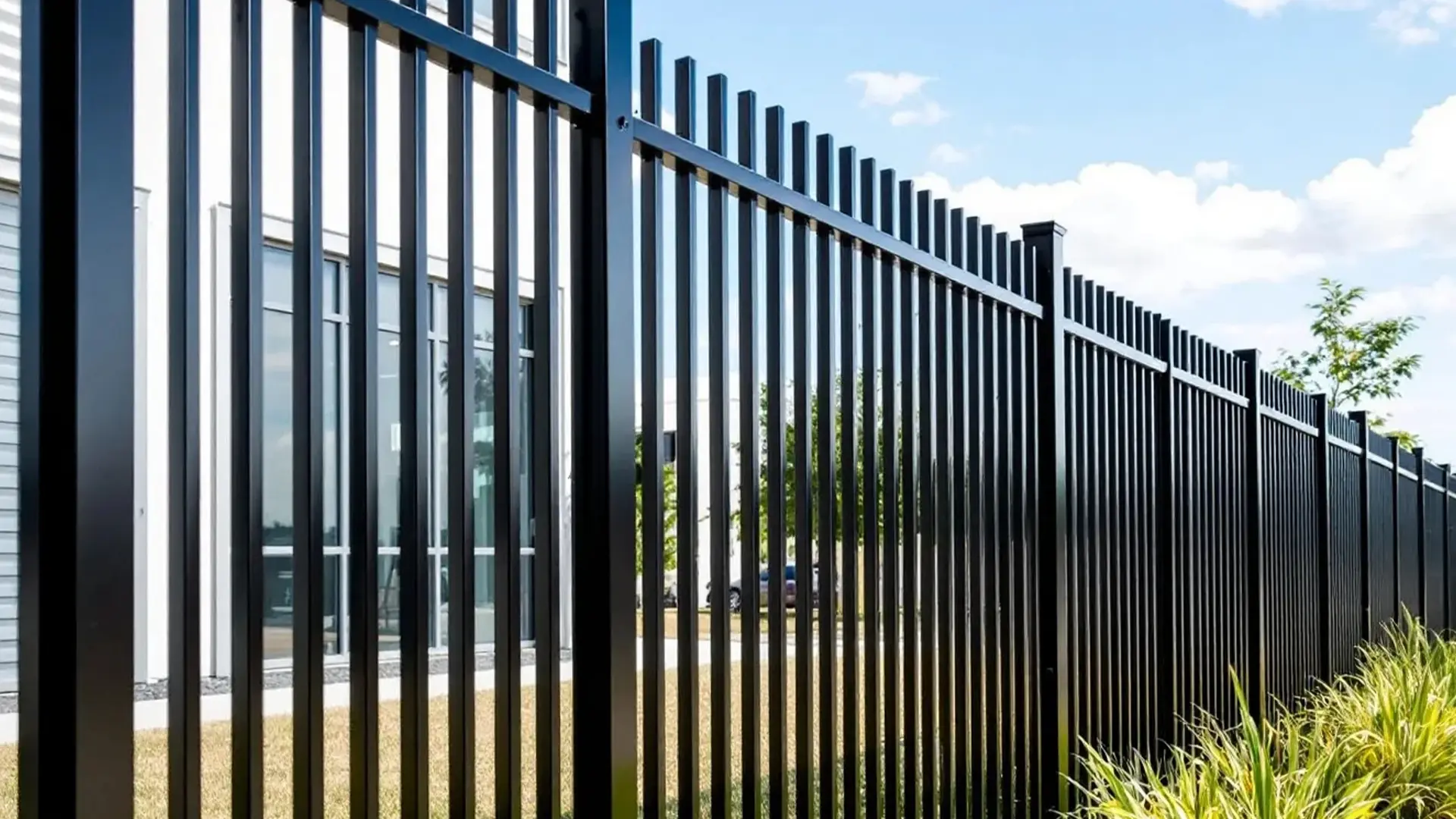 A sleek black aluminum fence with tall vertical pickets lines the perimeter of a modern commercial building. The clean, symmetrical design adds security while maintaining an open and contemporary aesthetic, enhanced by the building’s glass façade and landscaped surroundings.