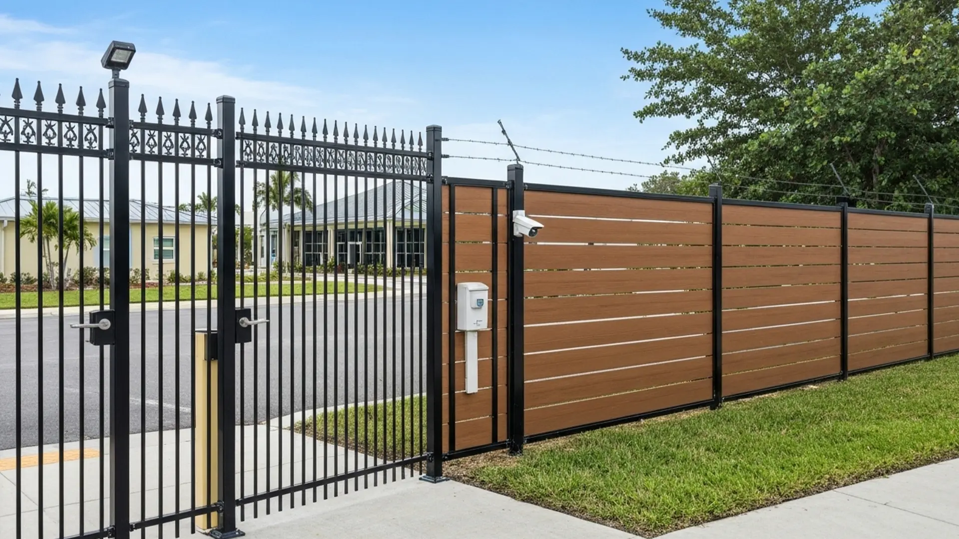 A contemporary security fence featuring a sleek black iron gate with spear-top detailing and a combination of horizontal wood-tone composite panels. The setup includes advanced security features such as barbed wire, a mounted surveillance camera, and an access control system, offering both privacy and protection for a commercial or residential property.