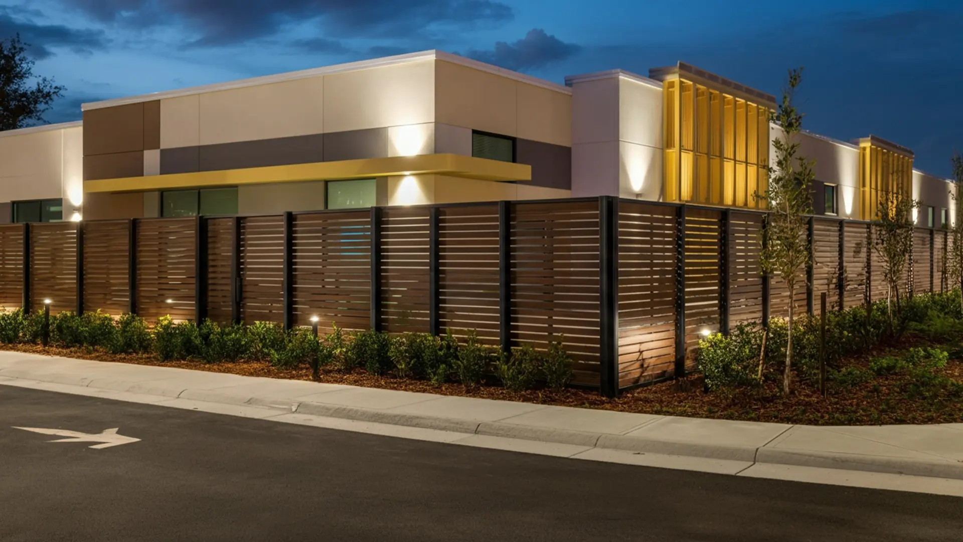 A contemporary building with a flat roof and wood-paneled ceiling overhang. In front, a privacy fence combines vertical natural wood planks framed with black metal posts and railings. Lush green landscaping with shrubs and young trees lines the base of the fence, set against a grassy lawn under a bright sky.