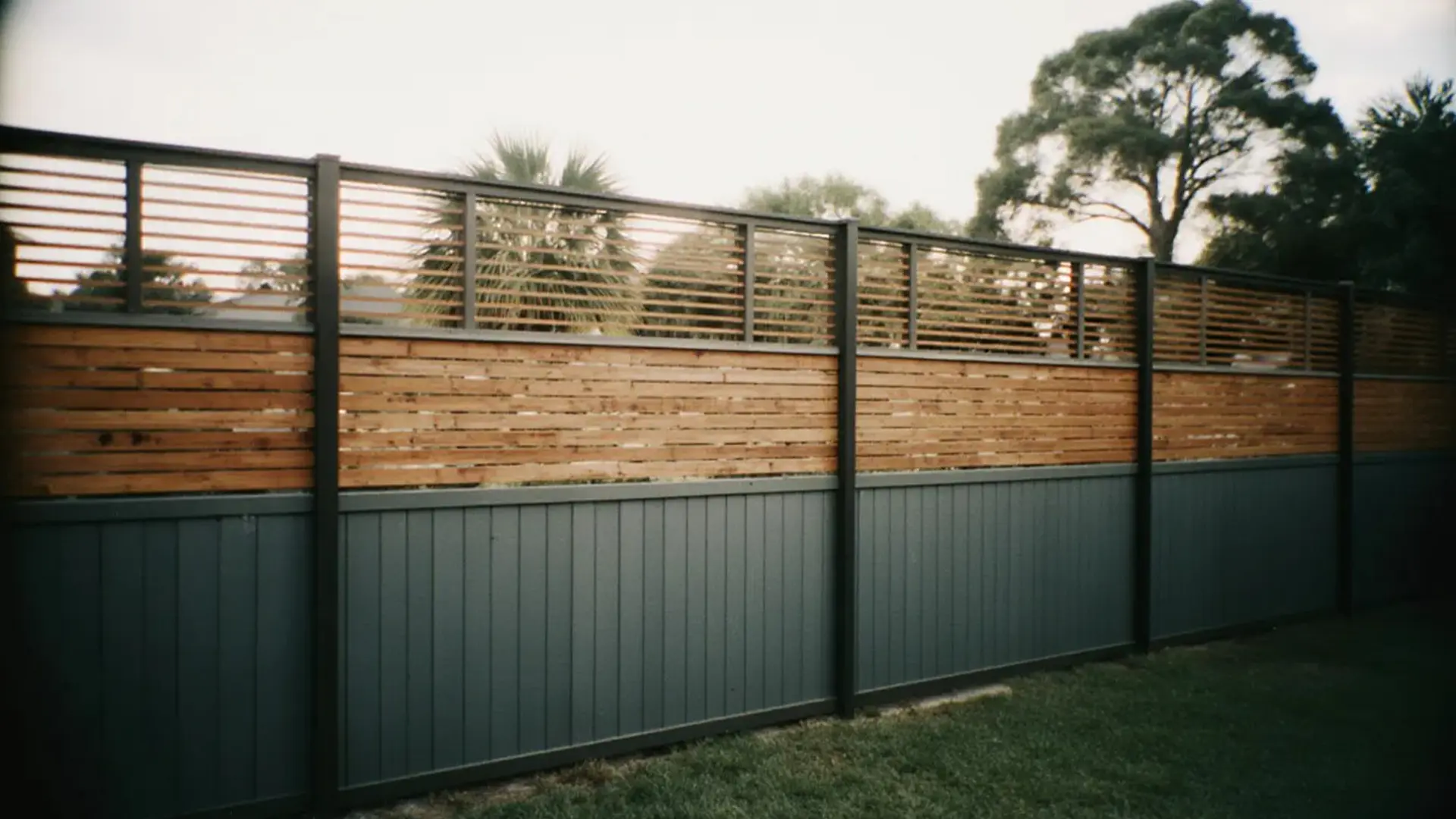 A tall modern privacy fence extends across a grassy yard, constructed with black metal posts and horizontal wood slats. The lower portion of the fence is finished with solid gray vertical panels, while the upper section features spaced wooden slats that allow partial visibility. Trees and palm fronds rise behind the fence, and the image has a slightly soft, vintage tone with darkened edges.