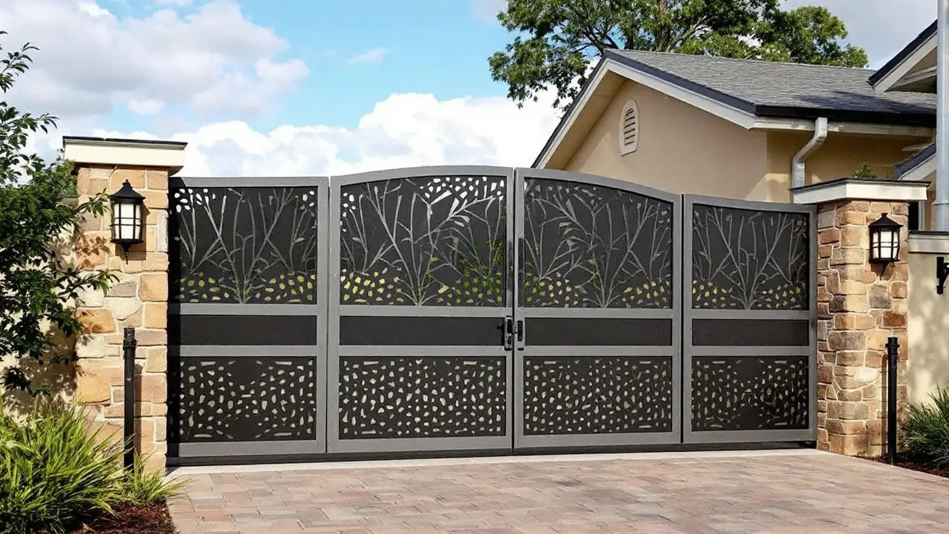 A double-panel black metal driveway gate with intricate cutout patterns of tree branches and leaves is framed by two stone pillars. Each pillar features a mounted lantern-style light. The gate opens onto a brick-paved driveway, with landscaped greenery on both sides and a beige house with a gray roof in the background.