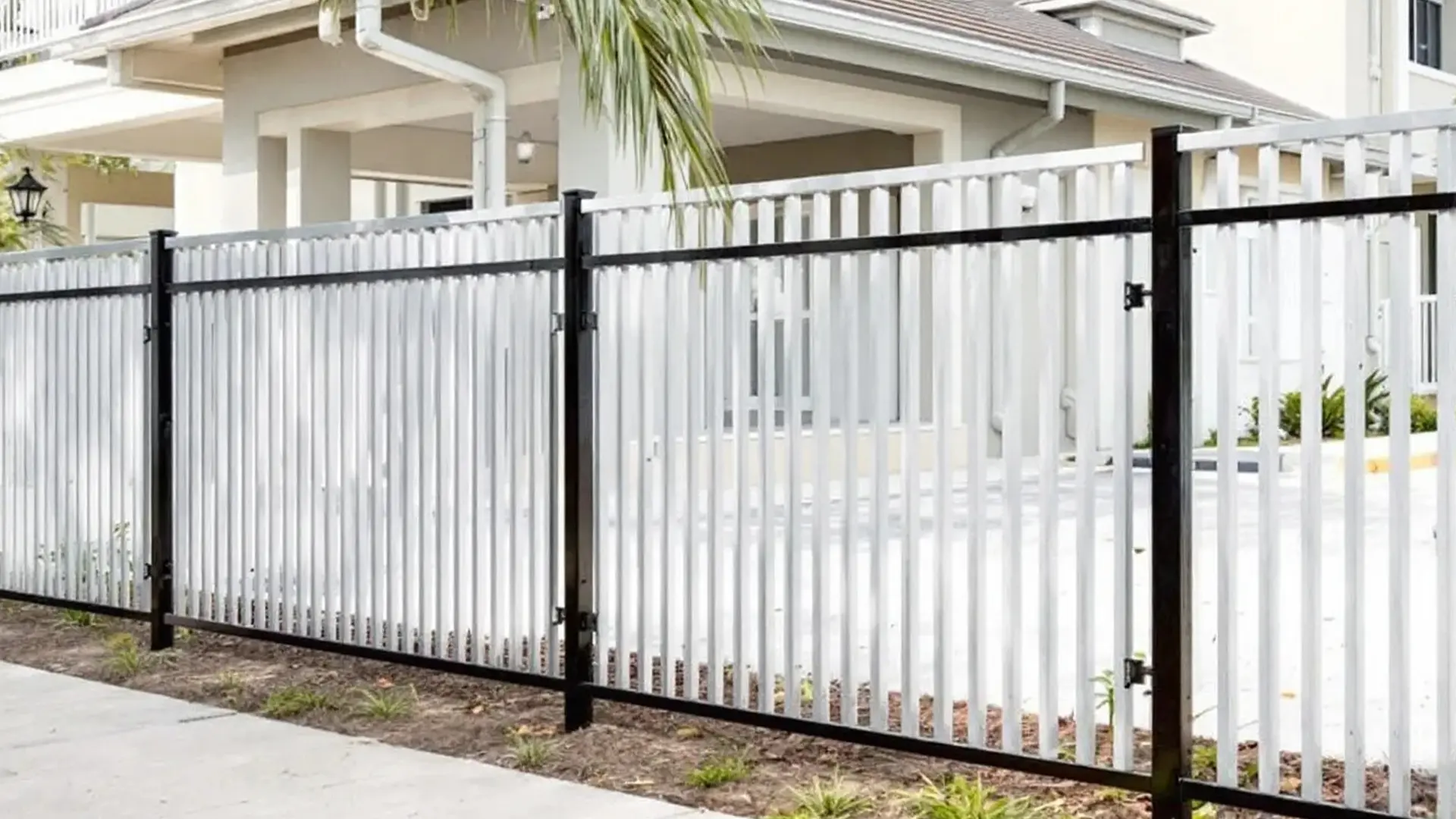 A clean and contemporary aluminum fence featuring white vertical pickets framed by a black metal structure. The minimalist design provides durability and security while complementing the light-colored modern architecture of the building behind it.