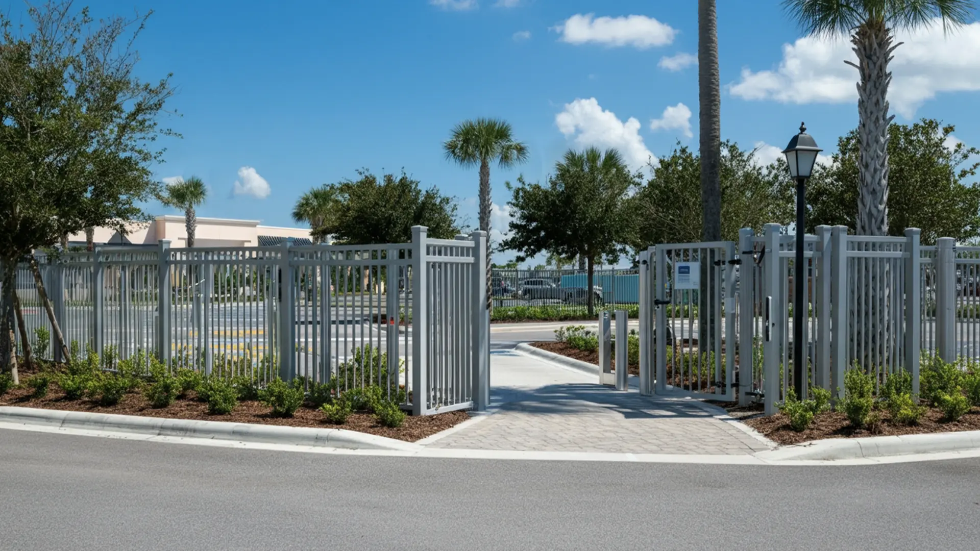 A silver aluminum security fence with dual pedestrian access gates, surrounding a landscaped commercial property. The clean design integrates safety and style, featuring vertical pickets and decorative posts that complement the tropical greenery and modern architecture.