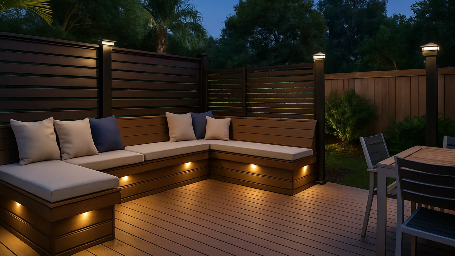 A modern outdoor patio at dusk features an L-shaped built-in wooden bench with soft beige and navy cushions. Warm LED lights are installed beneath the bench, casting a subtle glow onto the composite deck flooring. Horizontal slat privacy panels surround the space, with small post-top lights providing additional illumination. A dining table with chairs sits to the right, and palm trees and dense greenery are visible beyond the fence under a deep blue evening sky.