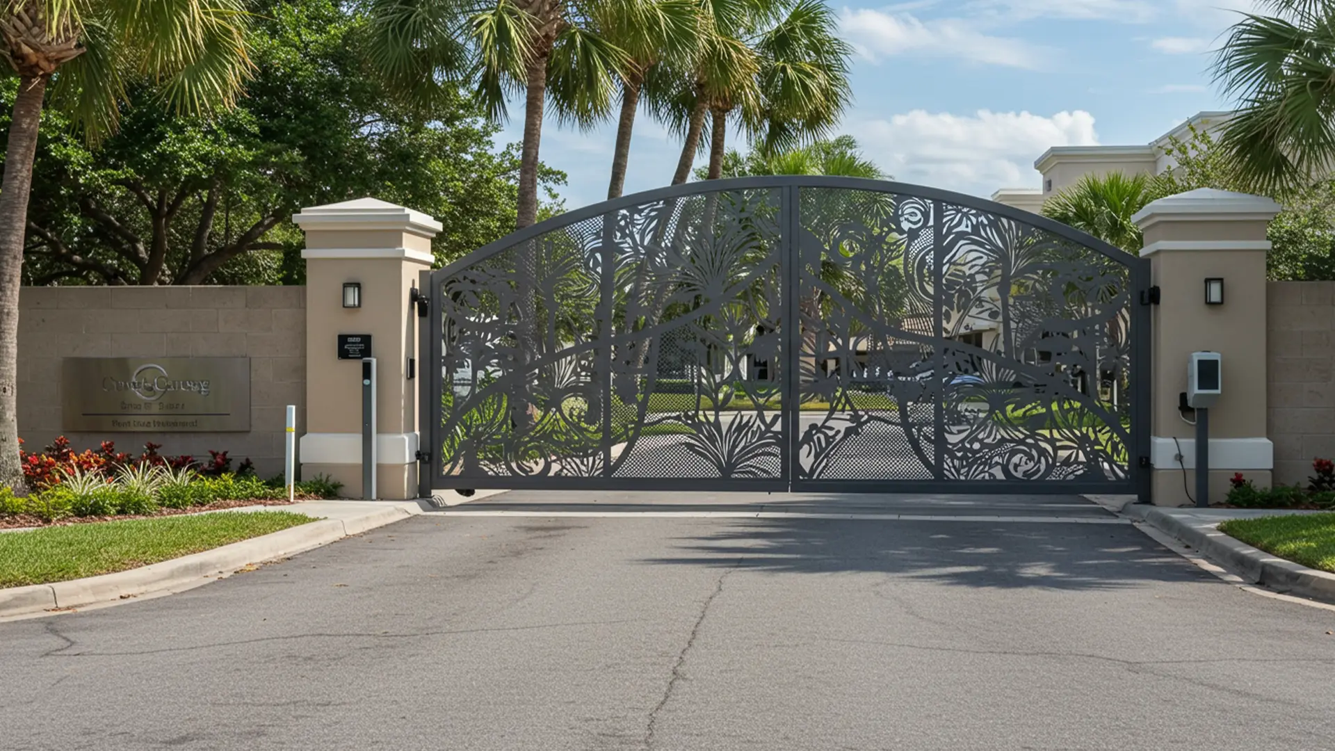 A large decorative metal driveway gate with an arched top features intricate tropical leaf and floral cutout patterns. The gate is mounted between two beige stucco columns with square tops, each fitted with modern wall lights and access control panels. Palm trees and landscaped greenery surround the entrance, leading to a paved driveway and residential property beyond.