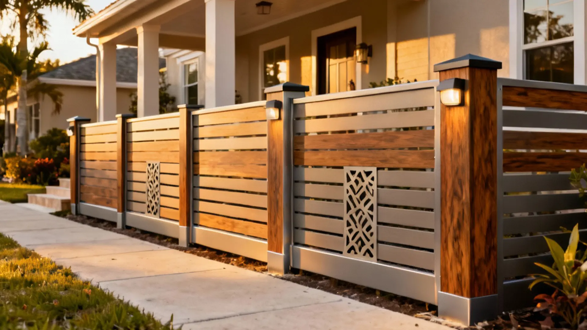 A stylish horizontal fence combining warm wood planks and sleek aluminum slats, accented by decorative metal inlays. Built-in post lighting enhances the design’s modern appeal while providing nighttime visibility. Perfect for elevating curb appeal with a refined, custom look that balances privacy and openness.