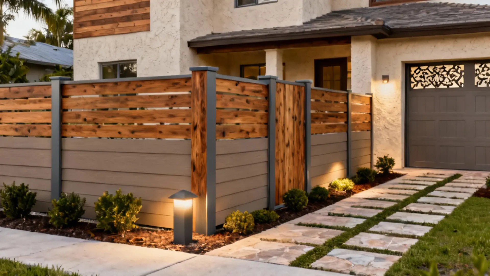 A beautiful two-tone privacy fence blending warm cedar planks with smooth gray composite panels and metal framing. The integrated lighting adds a soft evening glow, complementing the home’s modern rustic style. Perfect for enhancing curb appeal while maintaining privacy and design harmony.