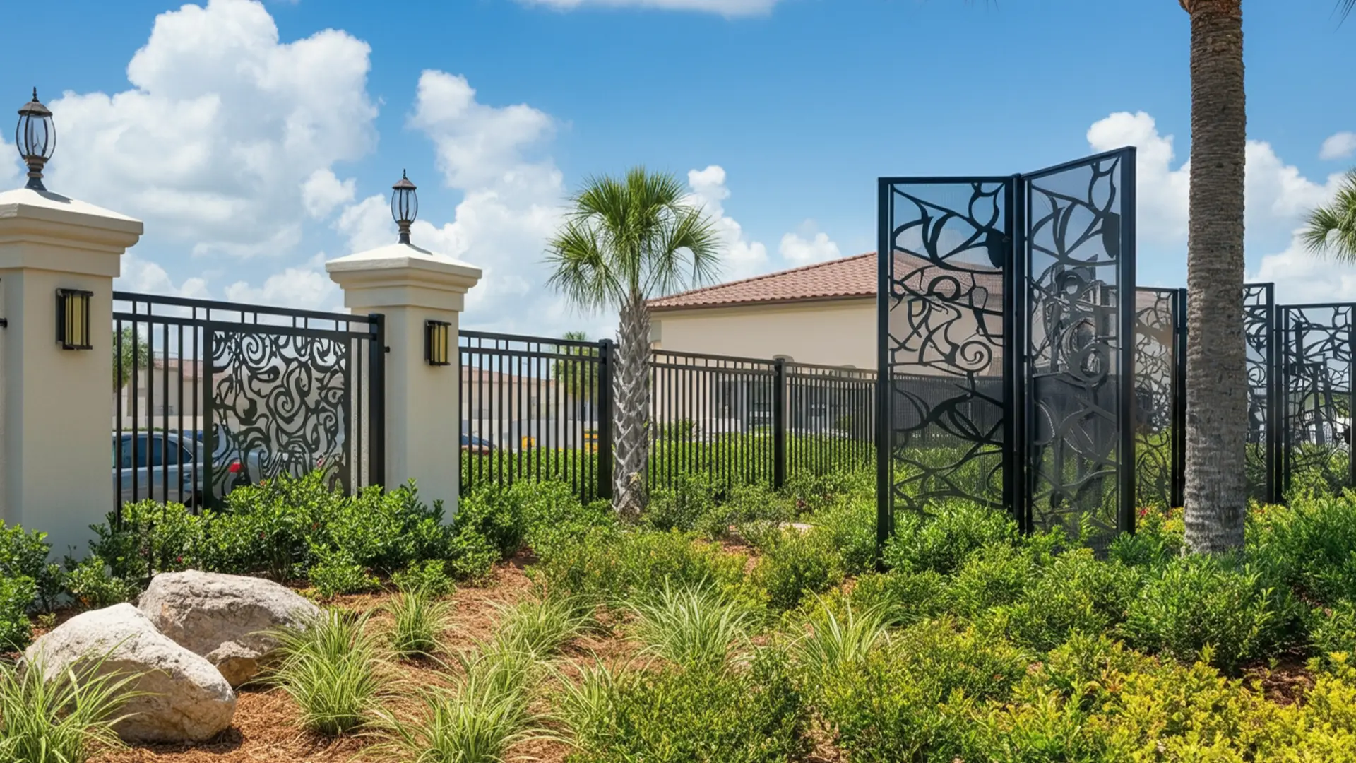 Series of black laser‑cut metal screen panels installed near a commercial entry, set beside an ornamental picket fence and stucco columns with tropical landscaping.