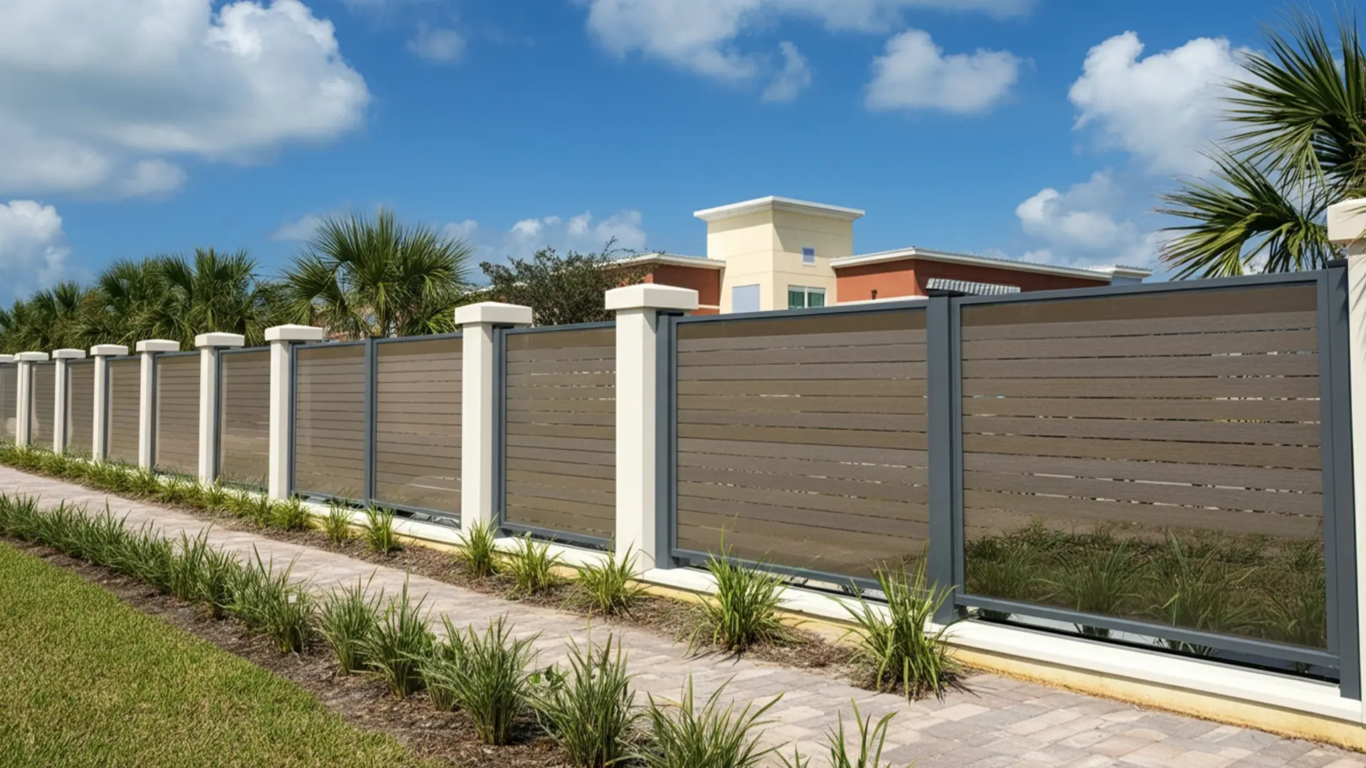 A long privacy fence with horizontal composite panels framed in gray metal and supported by white concrete columns. The fence runs alongside a landscaped walkway with green plants, leading to a modern retail or office building under a blue sky with scattered clouds.