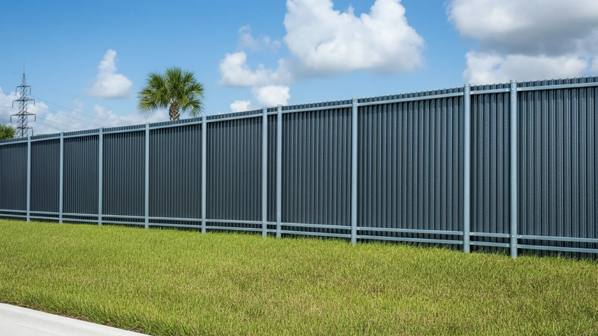 A grey corrugated metal privacy fence with reinforced steel posts borders a grassy area, with palm trees and power lines in the distance.