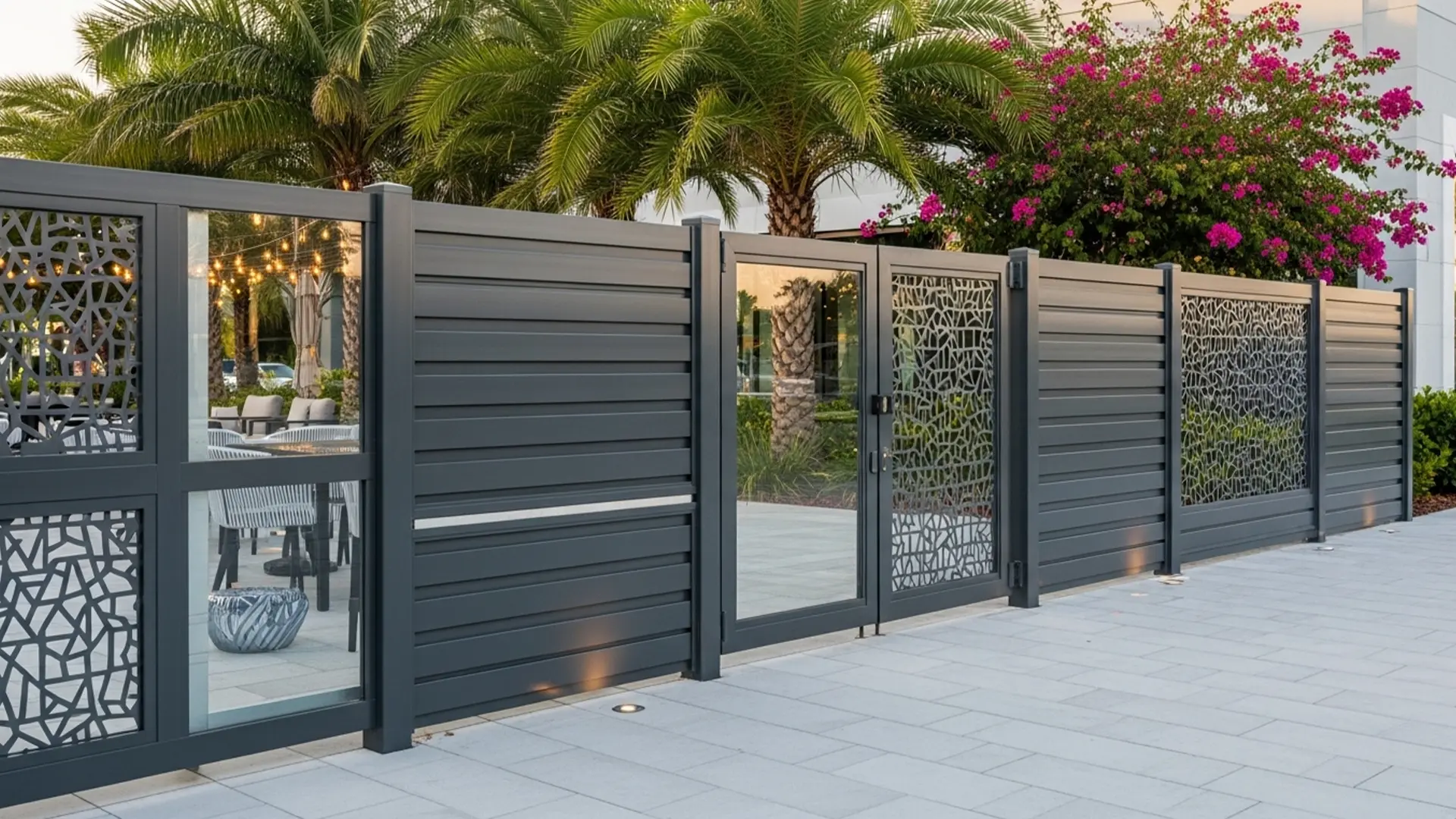 A sleek gray aluminum fence featuring alternating solid slats and geometric laser-cut metal panels. The design combines privacy with airflow and visual interest, ideal for upscale patios, resorts, or mixed-use commercial spaces.