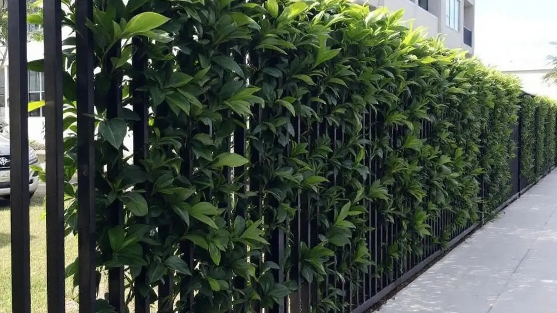 A long black steel bar fence is covered with dense green foliage, creating a living privacy barrier along a sidewalk beside a modern building. The greenery climbs vertically through the bars, forming a natural wall.