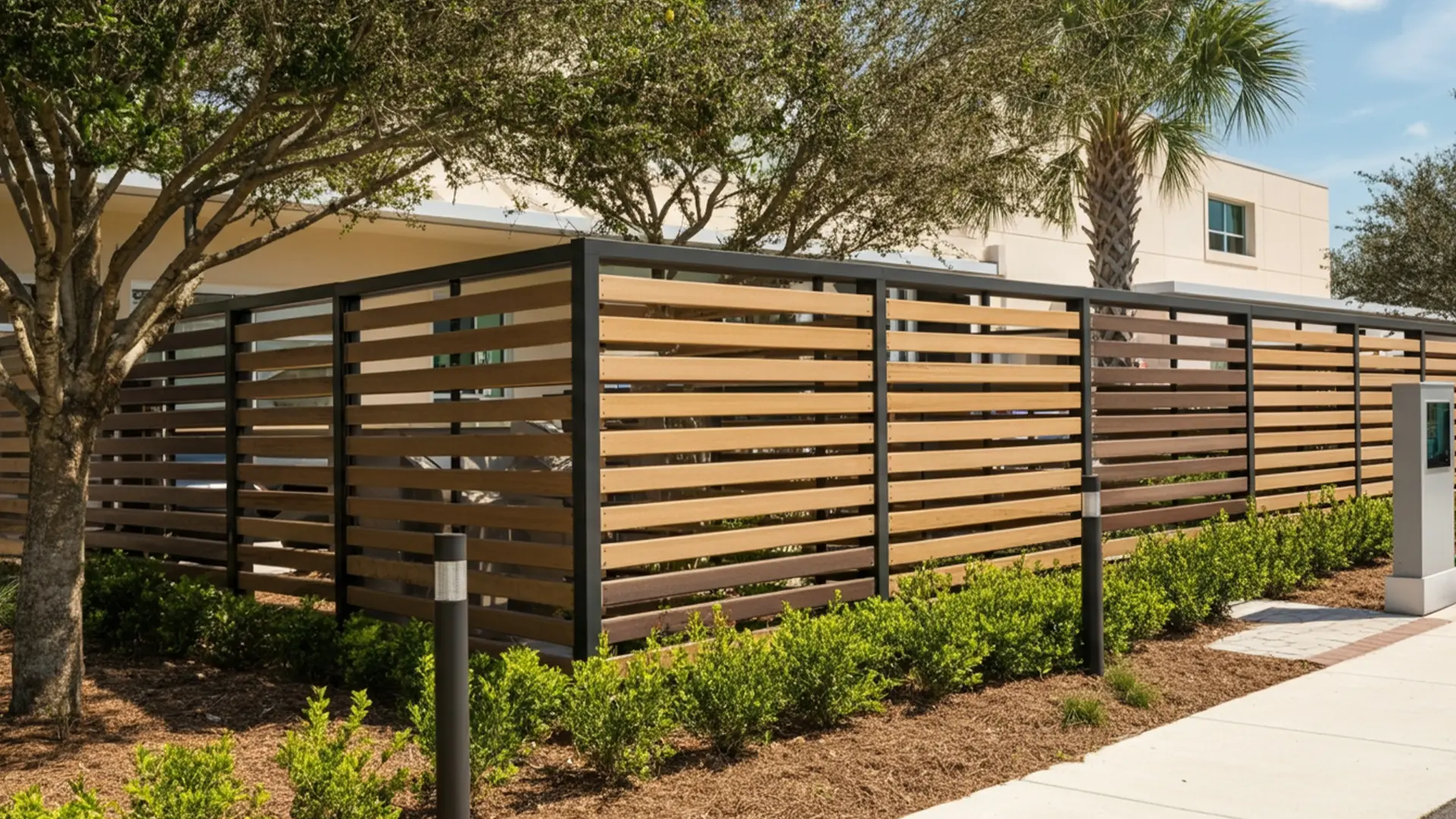 A modern privacy fence made of alternating light and dark wooden horizontal slats with black posts surrounds an office building. The fence is bordered by trimmed green shrubs, mulch landscaping, and shaded by nearby trees under a clear sky.