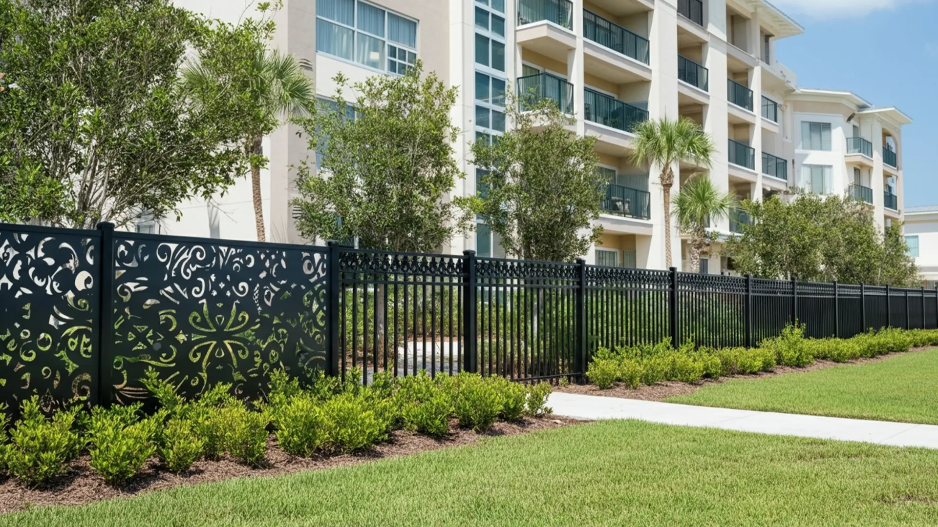 Decorative metal fence with ornate laser-cut panels in front of a multi-story hotel.