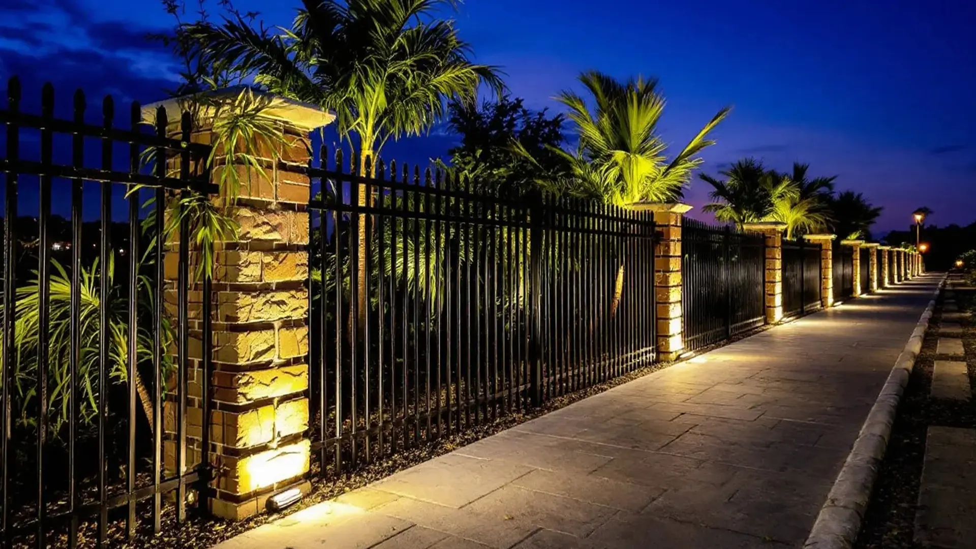 A decorative fence with stone columns and black iron bars runs along a paved walkway. Ground lights shine upward, illuminating palm trees planted between the columns. The scene is captured at night under a deep blue sky, creating a warm, inviting atmosphere.