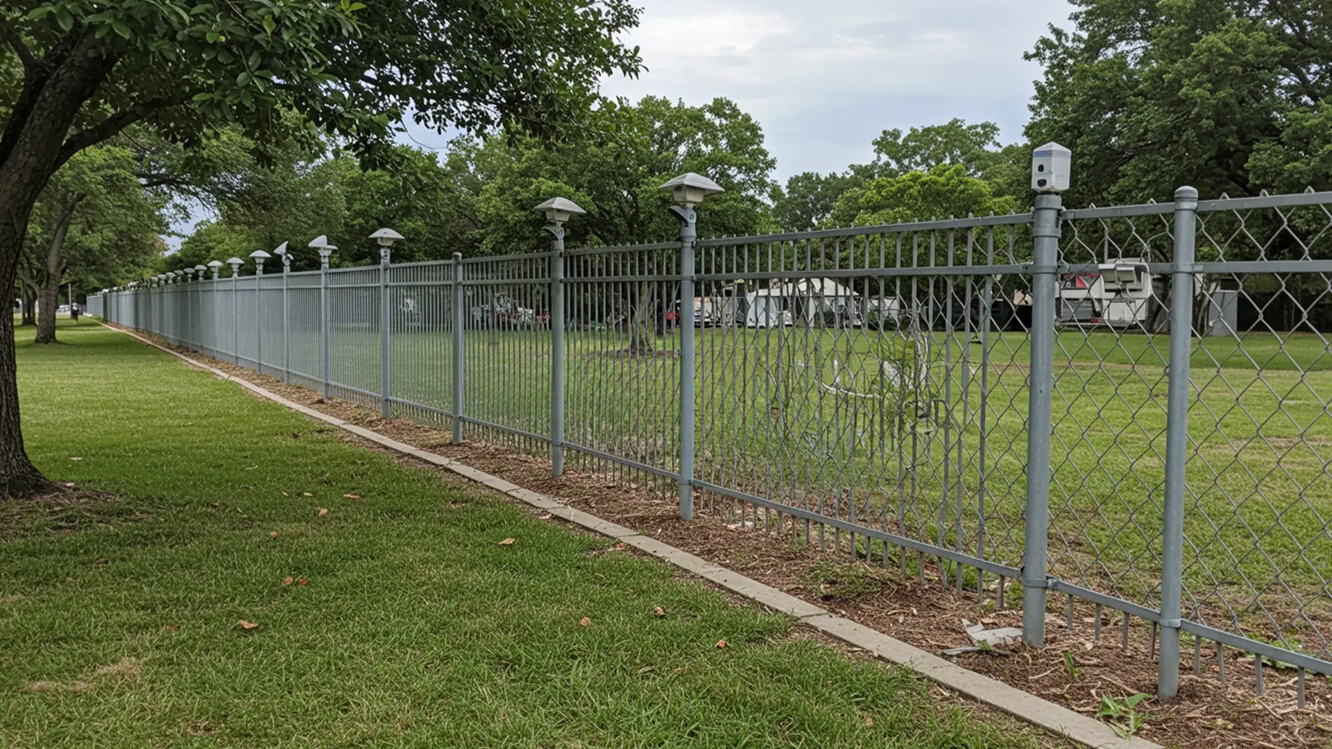 A long gray chain-link fence with dome-shaped cap lights spaced evenly along the top encloses a grassy park area. Mature trees line the perimeter, and RVs are visible in the distance.