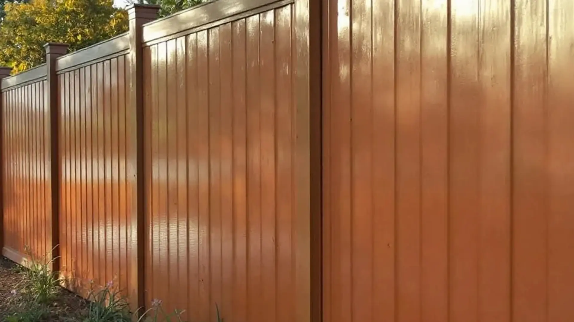 A tall wooden privacy fence with a smooth, glossy amber-brown finish lines a residential sidewalk. The panels are framed by square posts with decorative caps, and small plants grow along the base beneath a canopy of trees in the background.
