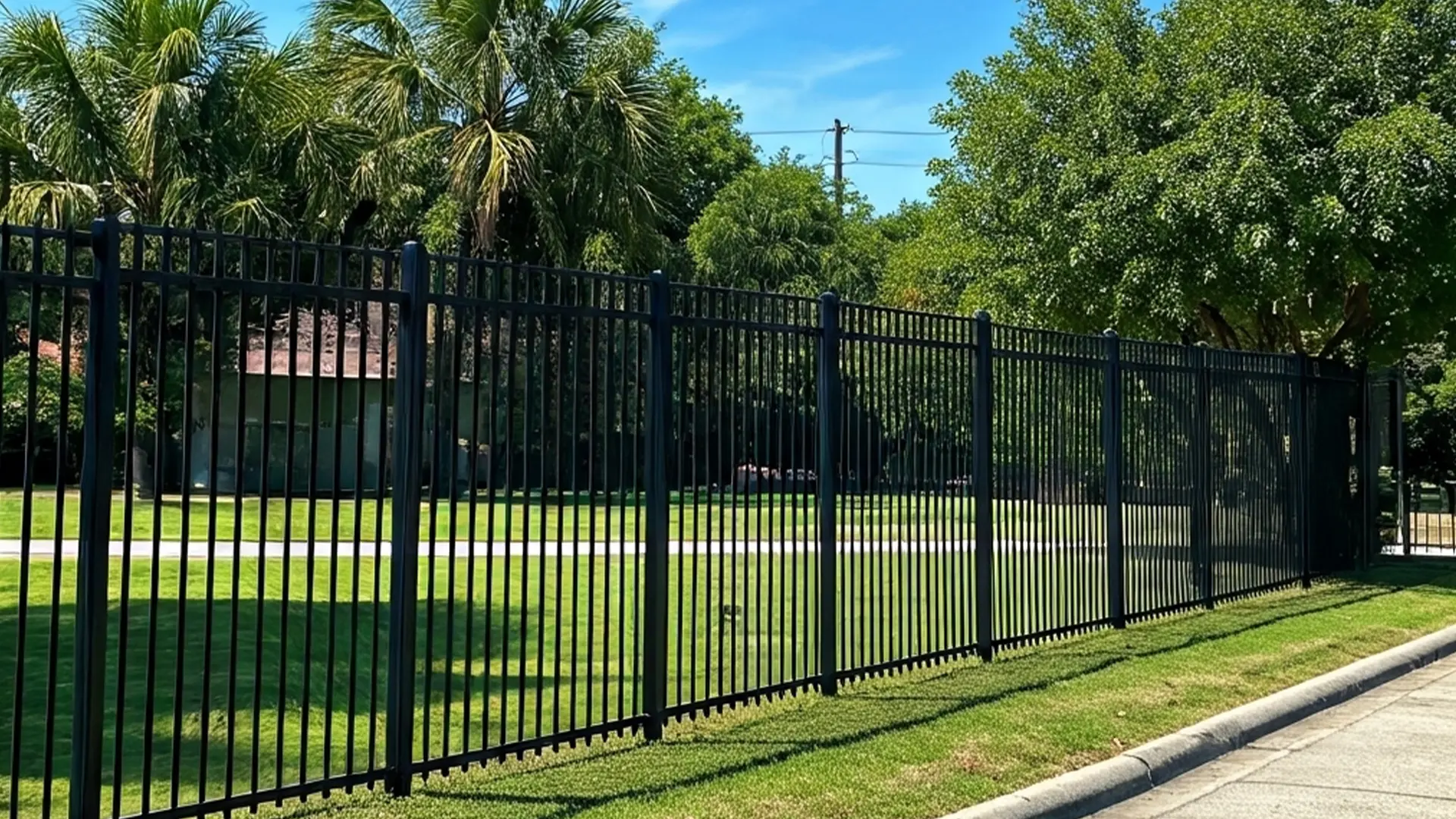 Black vertical metal security fence enclosing a park with green grass and palm trees under a sunny blue sky.