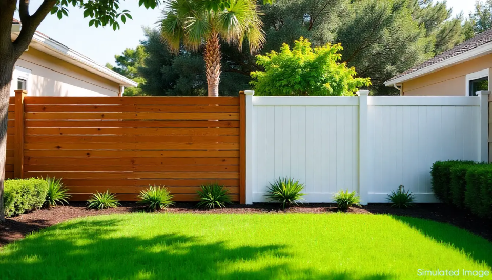 Side-by-side comparison of two backyard fences, one with horizontal natural wood slats and the other with white vertical vinyl panels, separated by a center post. Lush landscaping and palm trees visible behind both