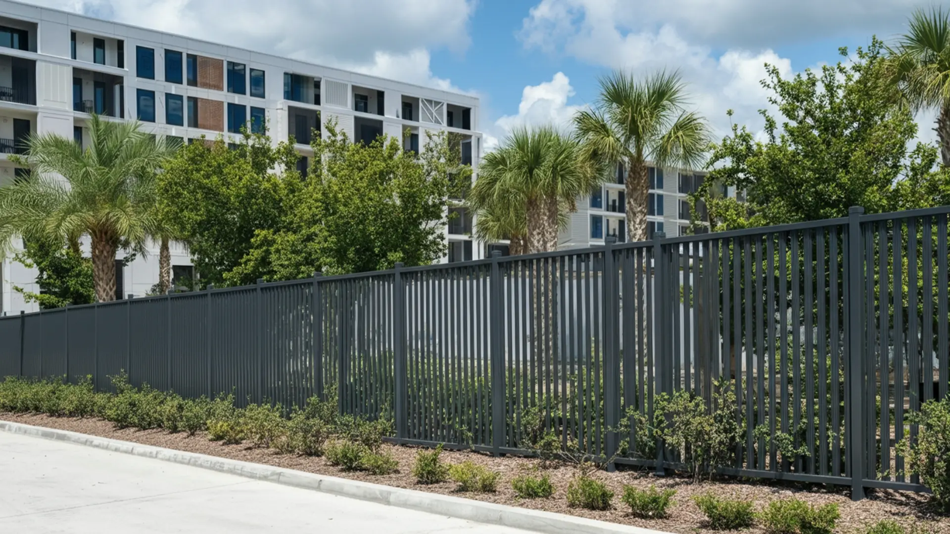 Black vertical-slat metal fence with galvanized posts running alongside a road, bordered by low shrubs and set against a backdrop of palm trees and multi-story apartments.