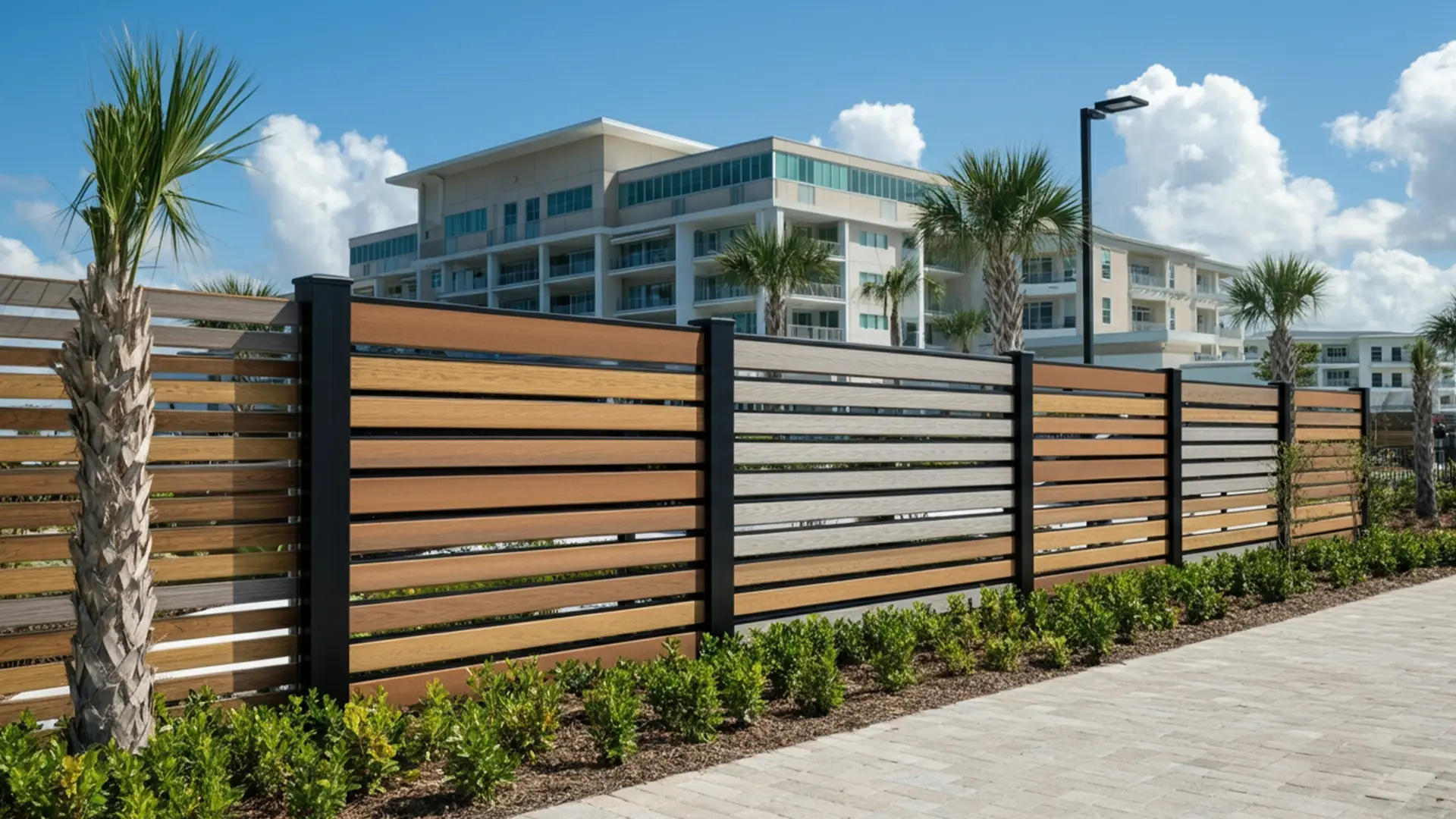 A contemporary privacy fence made of horizontal wood and composite slats with black posts runs along a landscaped walkway. Palm trees and green shrubs line the fence, with a large modern multi-story building visible in the background under a bright blue sky with scattered clouds.