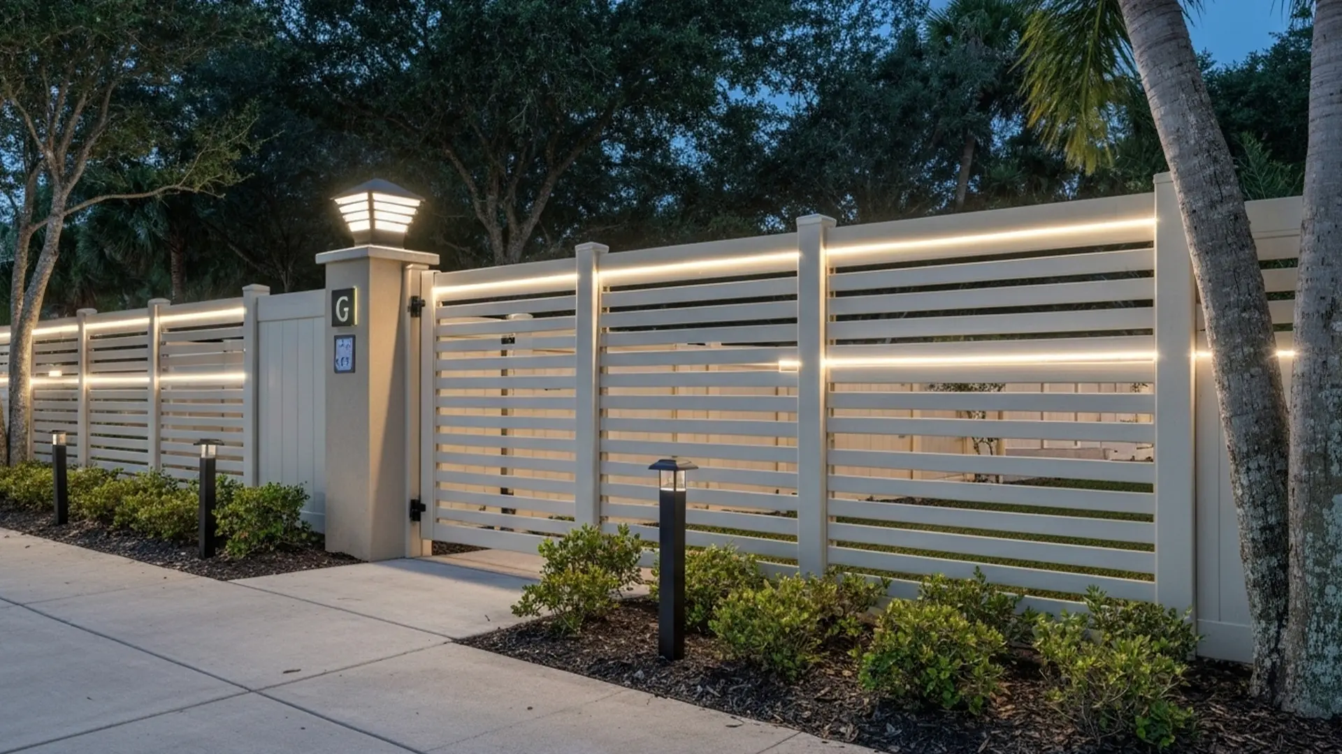 A sleek horizontal slat fence with integrated LED strip lighting along the top, creating a clean and modern look. The design features a pedestrian entry gate marked with the letter 