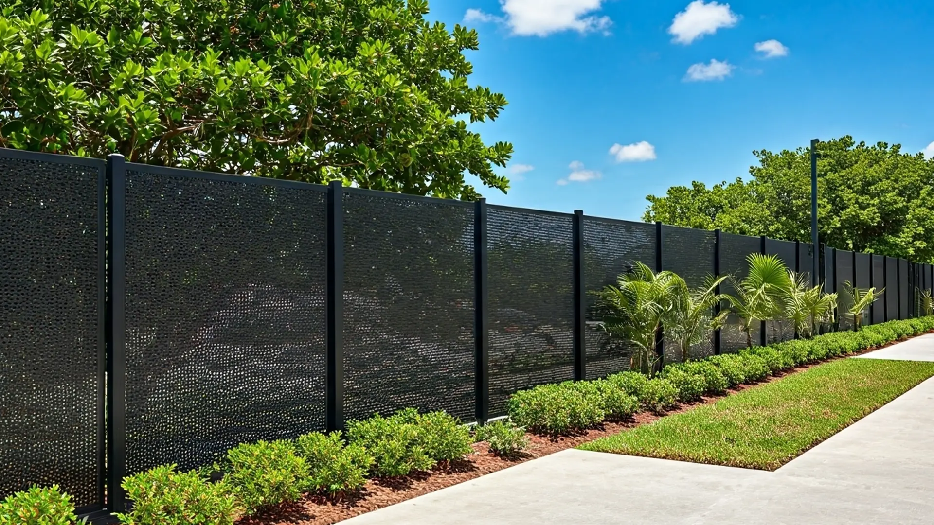 A tall black perforated metal privacy fence lines a sidewalk under a bright blue sky. The base of the fence is bordered with neatly trimmed green shrubs and small palm plants, while larger leafy trees provide shade in the background. The walkway and adjacent landscaping create a clean, modern streetscape.