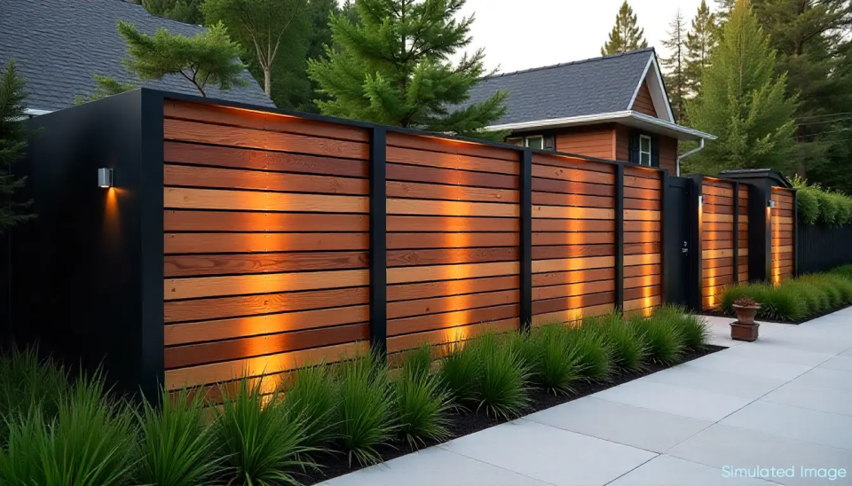 Contemporary backyard fence with repeating sections of horizontal wooden slats framed in matte black, illuminated by warm upward-facing lights along a paved walkway with dense greenery