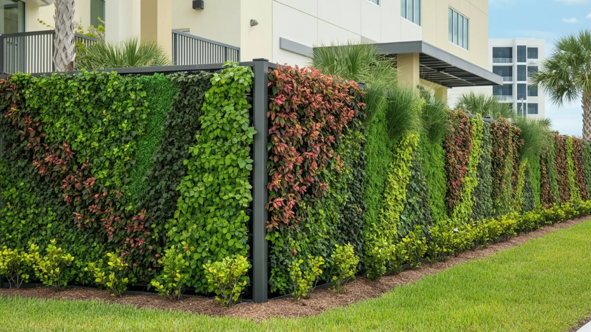 Vertical garden privacy fence with lush greenery and colorful foliage