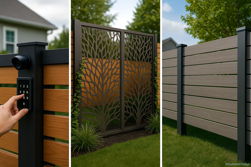 Side-by-side comparison of two backyard fences Side-by-side comparison of two backyard fences, one with horizontal natural wood slats and the other with white vertical vinyl panels, separated by a center post. Lush landscaping and palm trees visible behind both.
