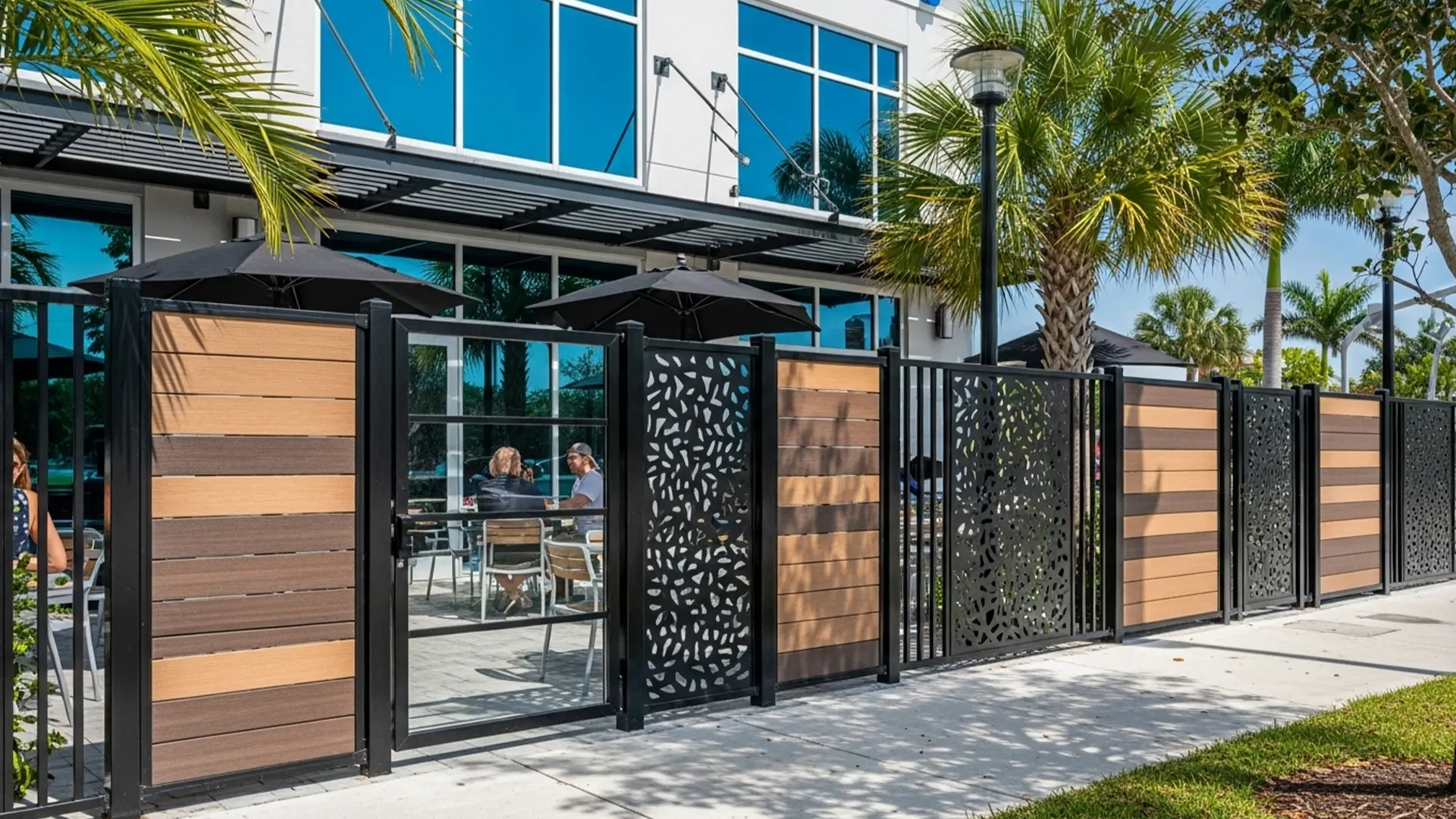 A modern patio enclosure combining warm wood panels with intricate laser-cut metal screens. The alternating design creates a visually striking, upscale boundary that provides both style and privacy for restaurant patios or boutique commercial spaces.
