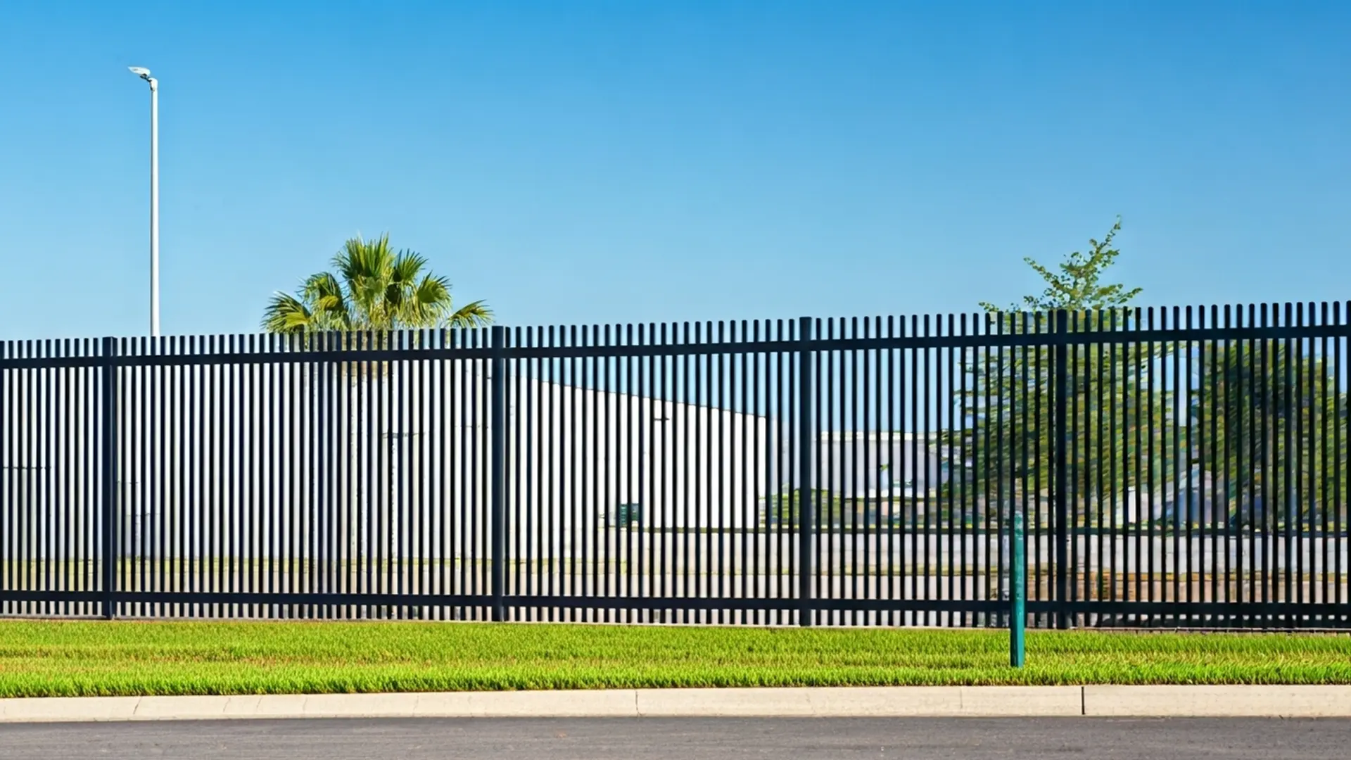 A tall industrial security fence with narrow vertical black steel slats encloses a commercial property. A streetlight rises above the fence against a clear blue sky.