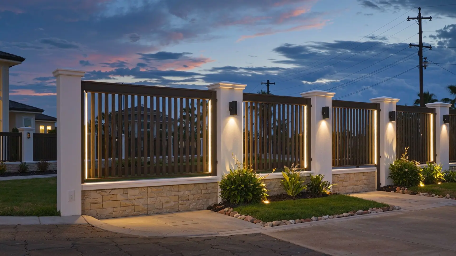 A contemporary fence design with dark vertical slats framed by white pillars and a stone base, illuminated by built-in wall and ground lights. The warm glow highlights the landscaping and creates an elegant entrance against a dramatic sunset sky.