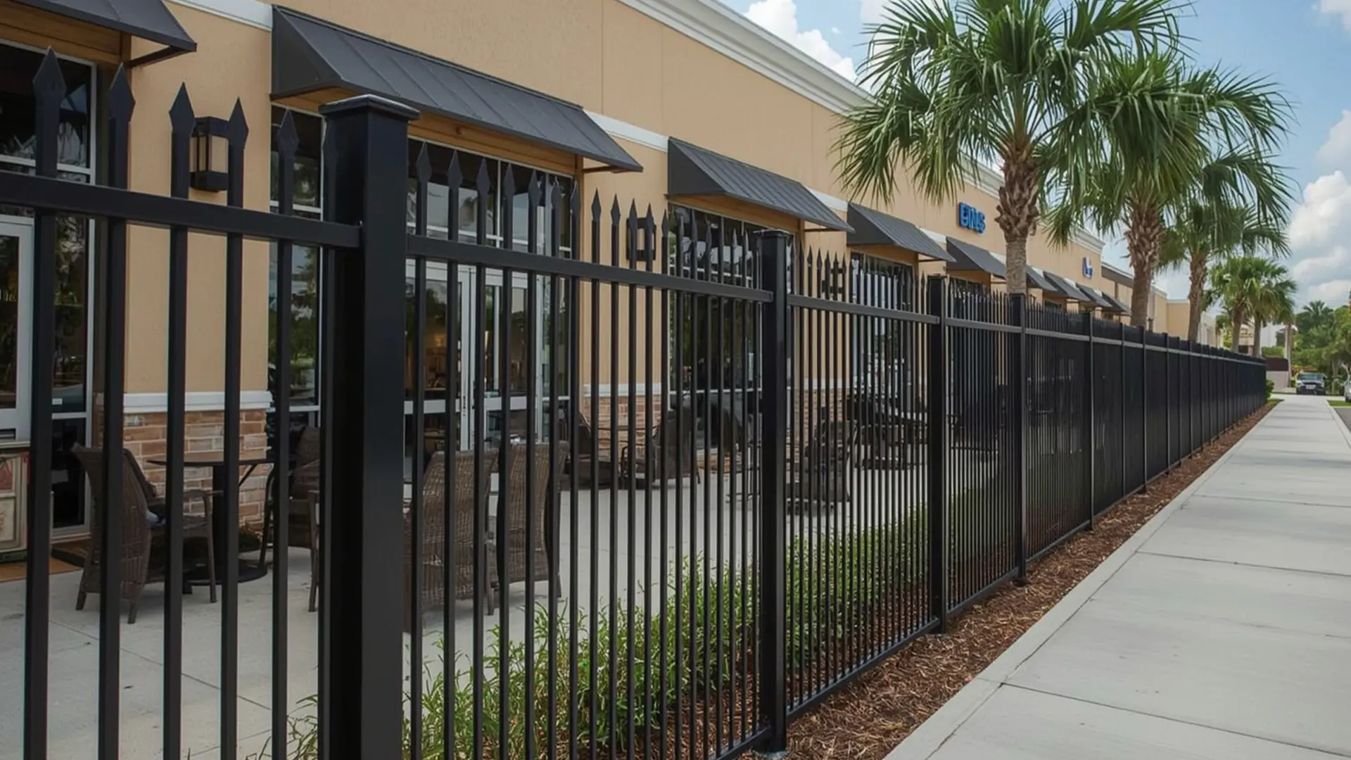 A durable black iron fence enclosing an outdoor dining area along a retail strip. The fence adds security and a polished, professional look while maintaining visibility and openness—ideal for restaurants, cafés, and mixed-use developments.