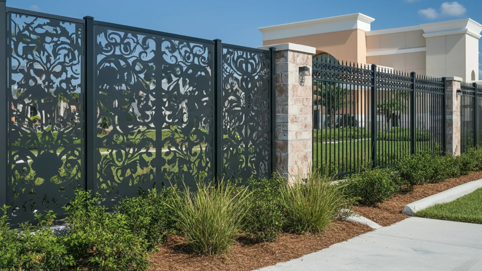Commercial fence with black laser-cut metal panels and stone columns, providing both privacy and decorative appeal.