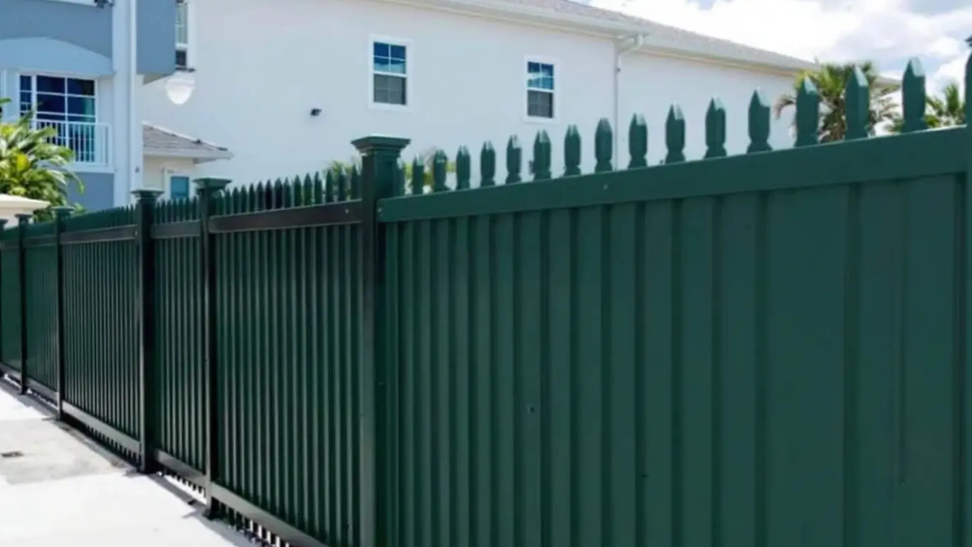 A tall green privacy fence with vertical panels and decorative spiked tops lines a sidewalk in front of a residential area. A white two-story house with blue accents and palm trees is visible in the background under a partly cloudy sky.